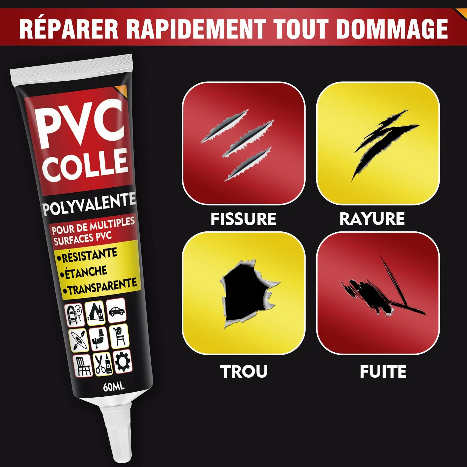 Kit Réparation Piscine 60ml Rustine Transparente pour Matelas Gonflable, Bouées, Bateaux