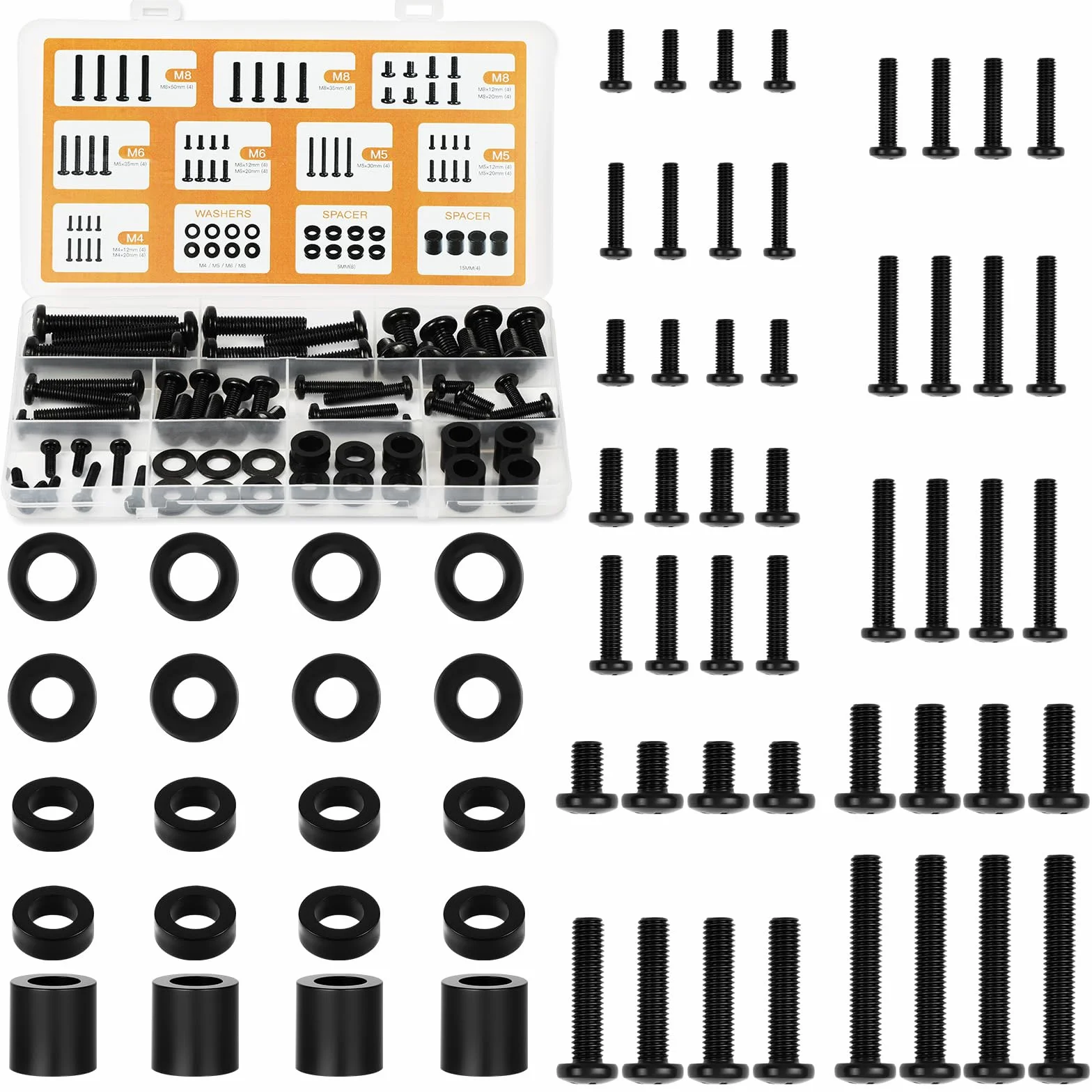 Flintronic Vis de Support TV, Kit de Vis de Montage TV Universel, 68 Pièces, M4/M5/M6/M8/Rondelles/Entretoises, Kit de Matériel de Montage pour Téléviseurs et Moniteur, Convient Jusqu'à 80 Pouces