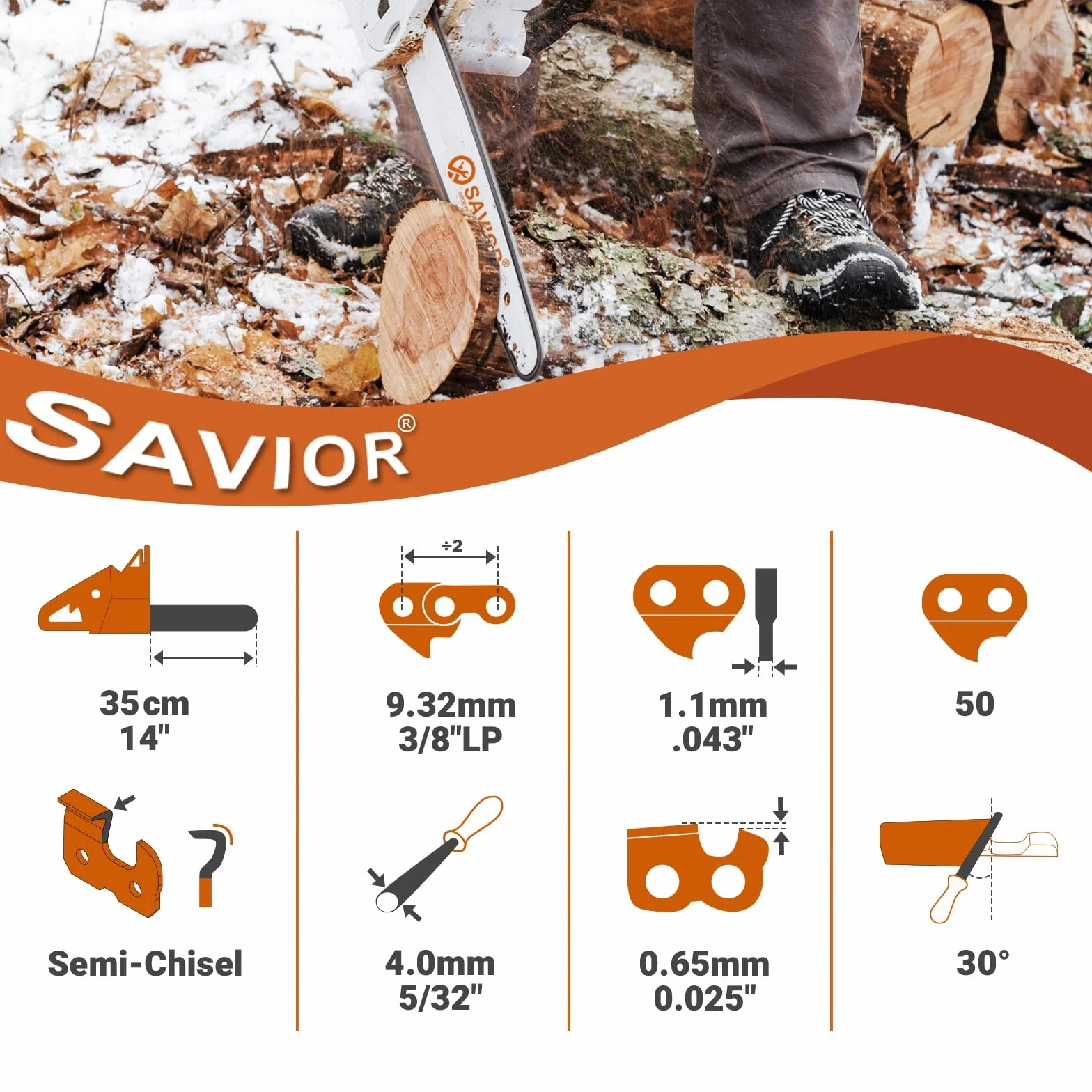 Savior MS170 Chaînes de Tronçonneuse Faible Rebond 3/8"LP 50 Maillons 1,1mm 35 cm Compatible Stihl MS162 MSE170C MS180