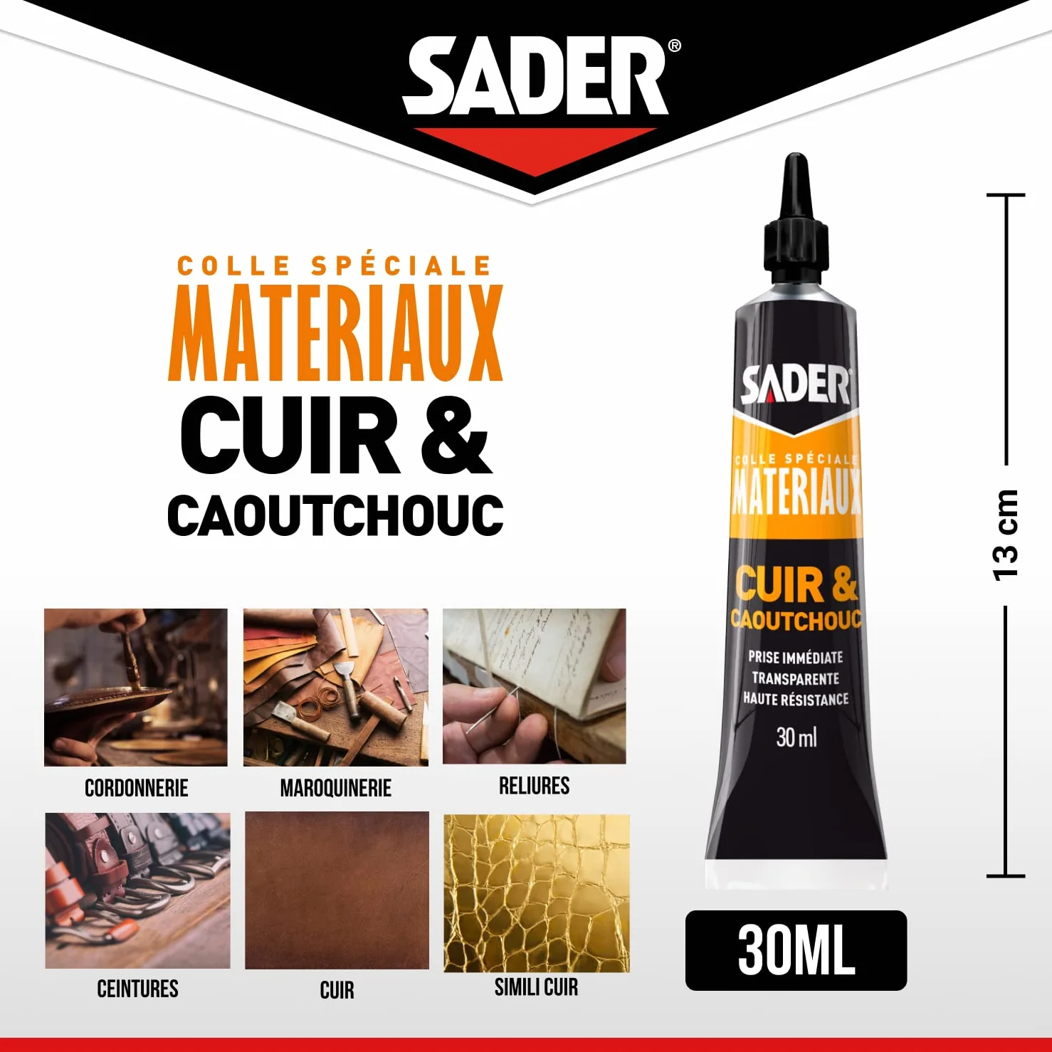 Sader Cuir et Caoutchouc – Colle Contact Type Néoprène – Prise Immédiate – Haute Résistance à l'Humidité et à la Chaleur – Formule Gel – Tube 30 ml