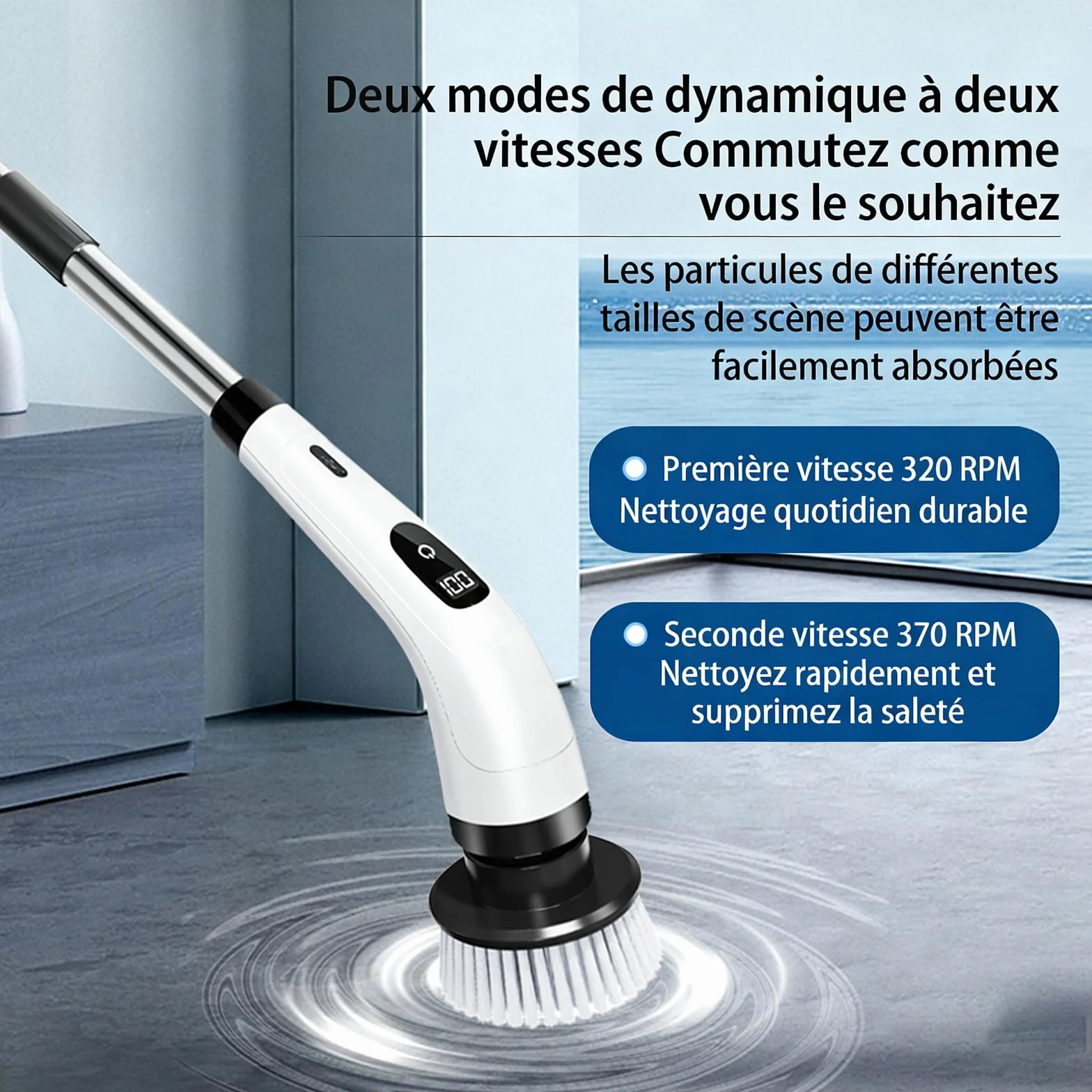 Brosse à récurer électrique, Brosse de Nettoyage sans Fil avec 8 têtes, Manche Long télescopique, Brosse nettoyante Rechargeable, Charge USB-C, pour Sol,Salle de Bain, Cuisine, Douche et Baignoire