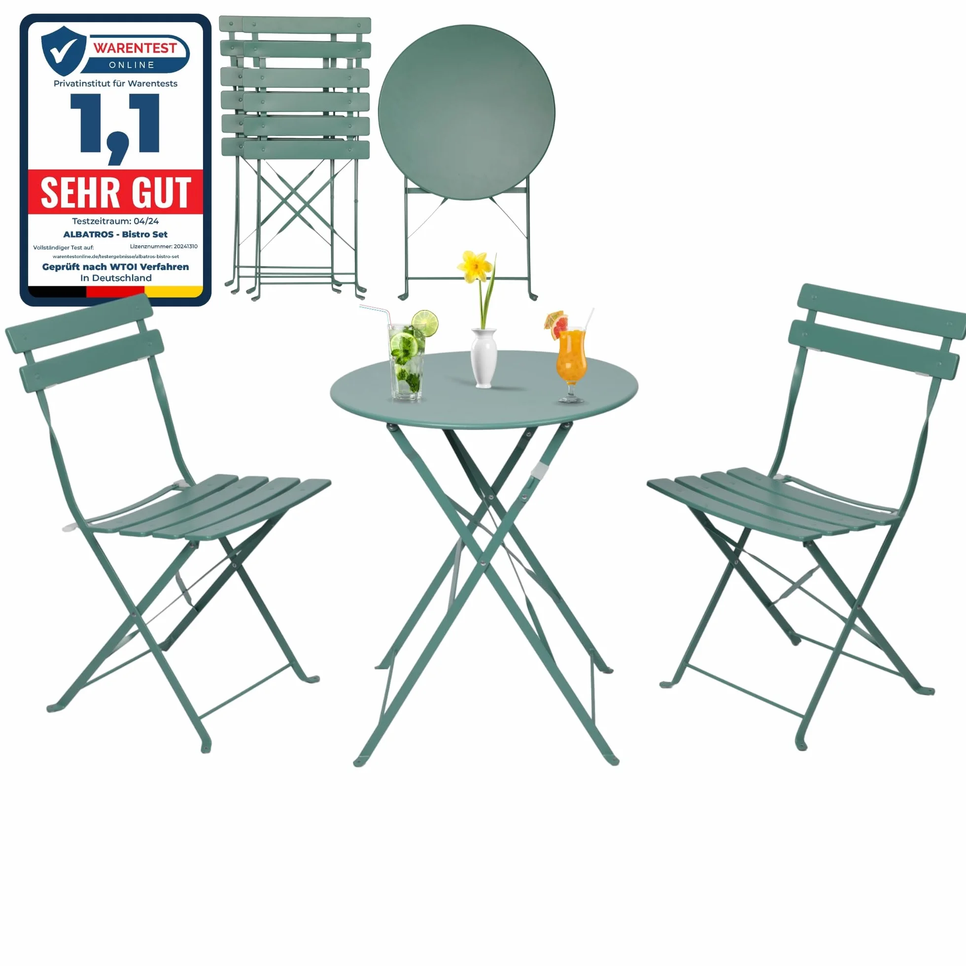 Albatros Ensemble de bistrot 3 pièces vert – Table et chaises pliables en métal robuste pour balcon ou jardin