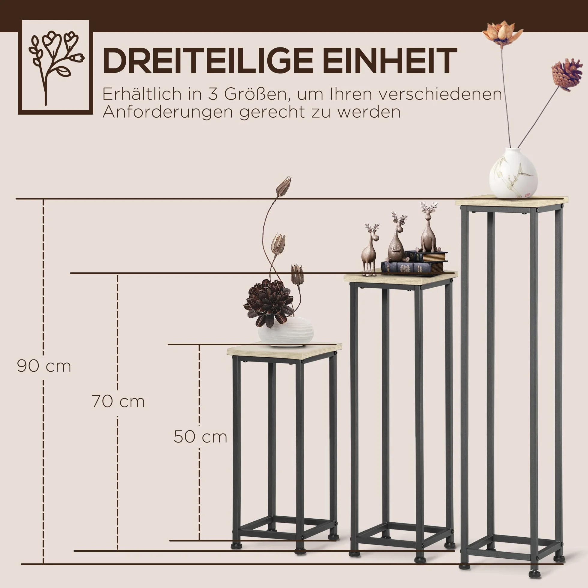 Outsunny Lot 3 supports pot de fleurs porte-plantes empilables 21x21x50/70/90 cm acier