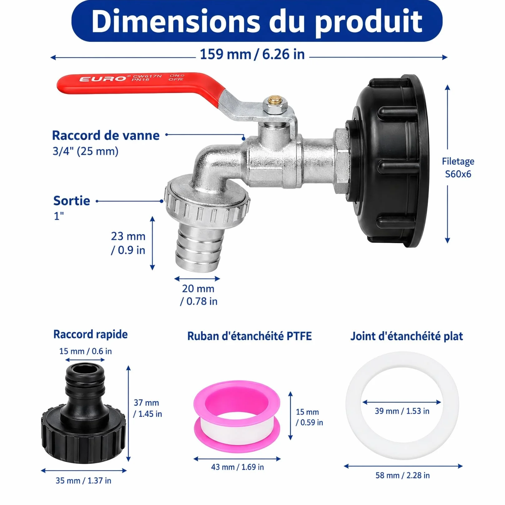 Robinet Cuve 1000L Adaptateur 3/4" Raccord Réservoir Alliage Aluminium Jardin Laiton S60X6 IBC Arrosage Extérieur