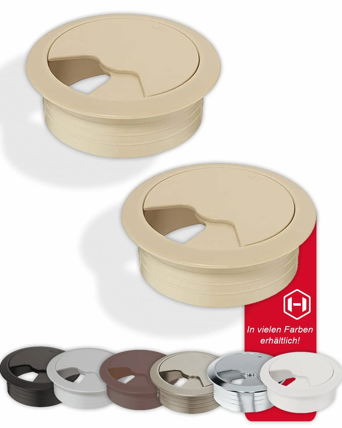 Gedotec Passe-câbles Bureau en Plastique ABS Robuste | 2 passages de câbles Ronds 80mm | Entry | Prise de câble Beige Mat | Passage de câbles à enfoncer | Passage de câbles Bureau