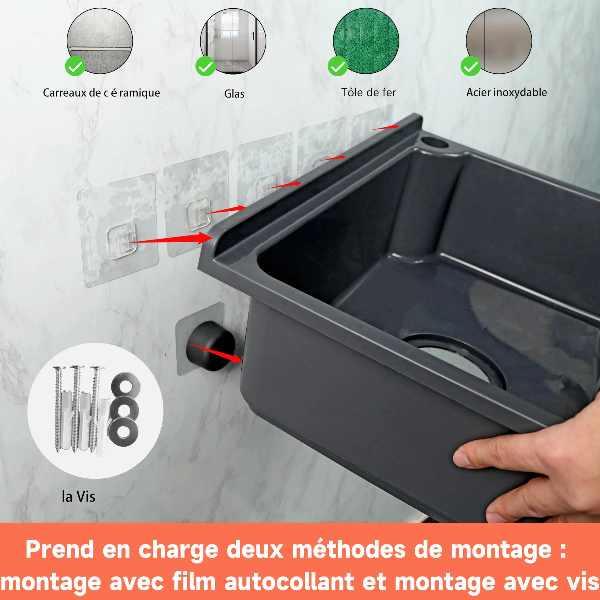 Évier utilitaire mural 42 x 32 cm avec trou de robinet 3,2 cm plastique