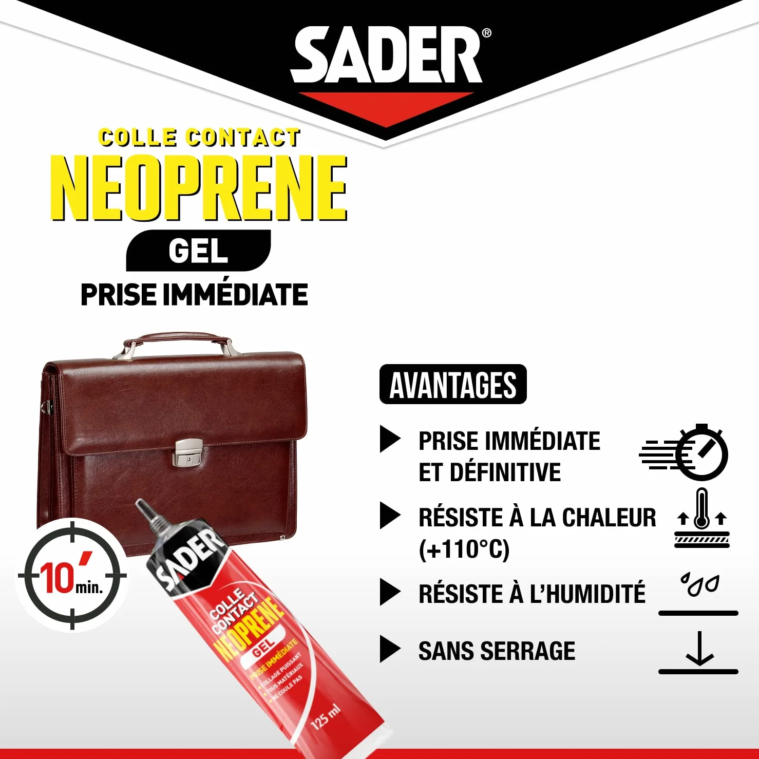 Sader Colle Contact Néoprène Gel – Colle Extra Forte Tous Matériaux – Prise Immédiate – Idéale pour Supports Poreux ou Verticaux–Transparente –Tube 125 ml, Ambré - l'emballage de l'article peut varier