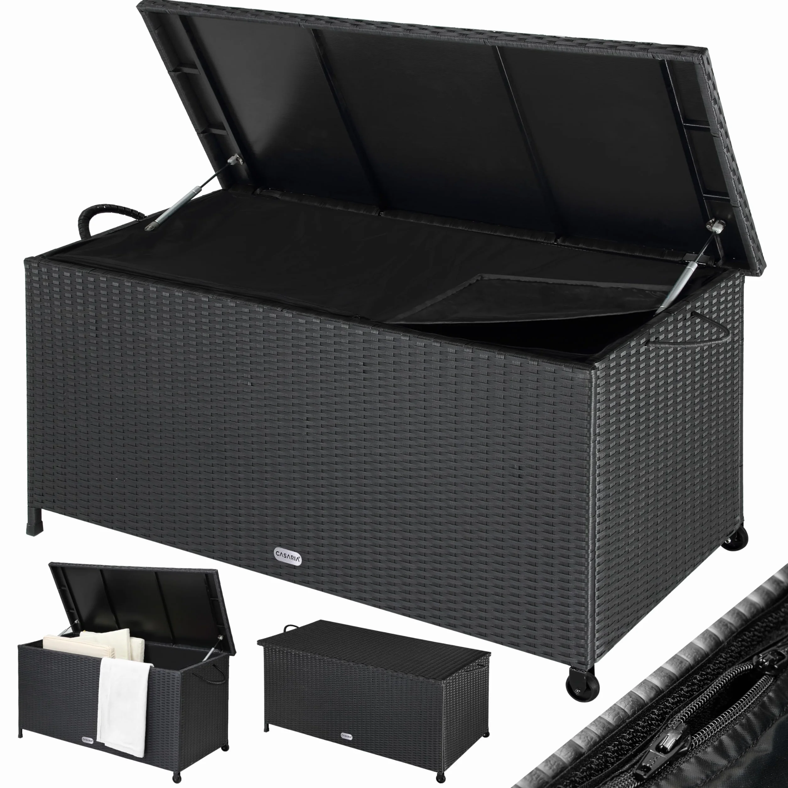 Casaria Coffre de jardin XXL Noir 270 L Polyrotin étanche Vérin à gaz 117x53x60 cm