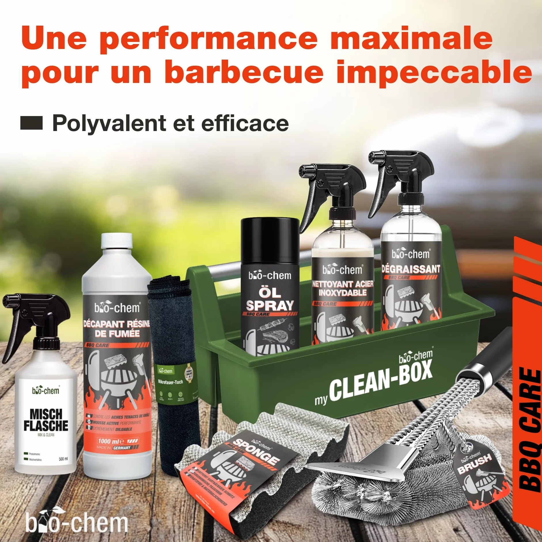 Kit nettoyage barbecue 9 pcs - Décapant résine 0,5L - Nettoyant surfaces bbq 750ml - Produit entretien acier inox 750ml - Spray d’huile 200ml