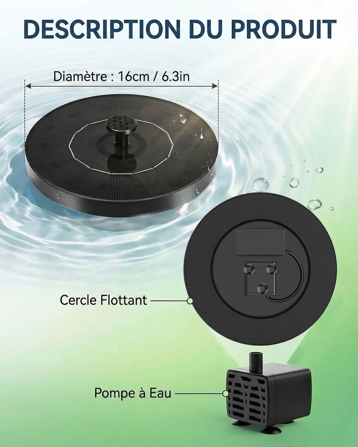 Fontaine Solaire Extérieure de Jardin Flottante avec 7 Jets d’Eau et Éclairage RGB