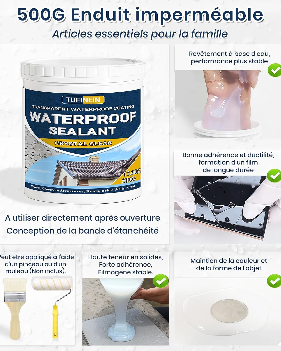 Agent de Revêtement Imperméable Transparent, 500G Liquide d'Étanchéité Transparent Fuite Réparation Étanchéité Intérieure et Extérieure Agent Anti-Fuite Étanche