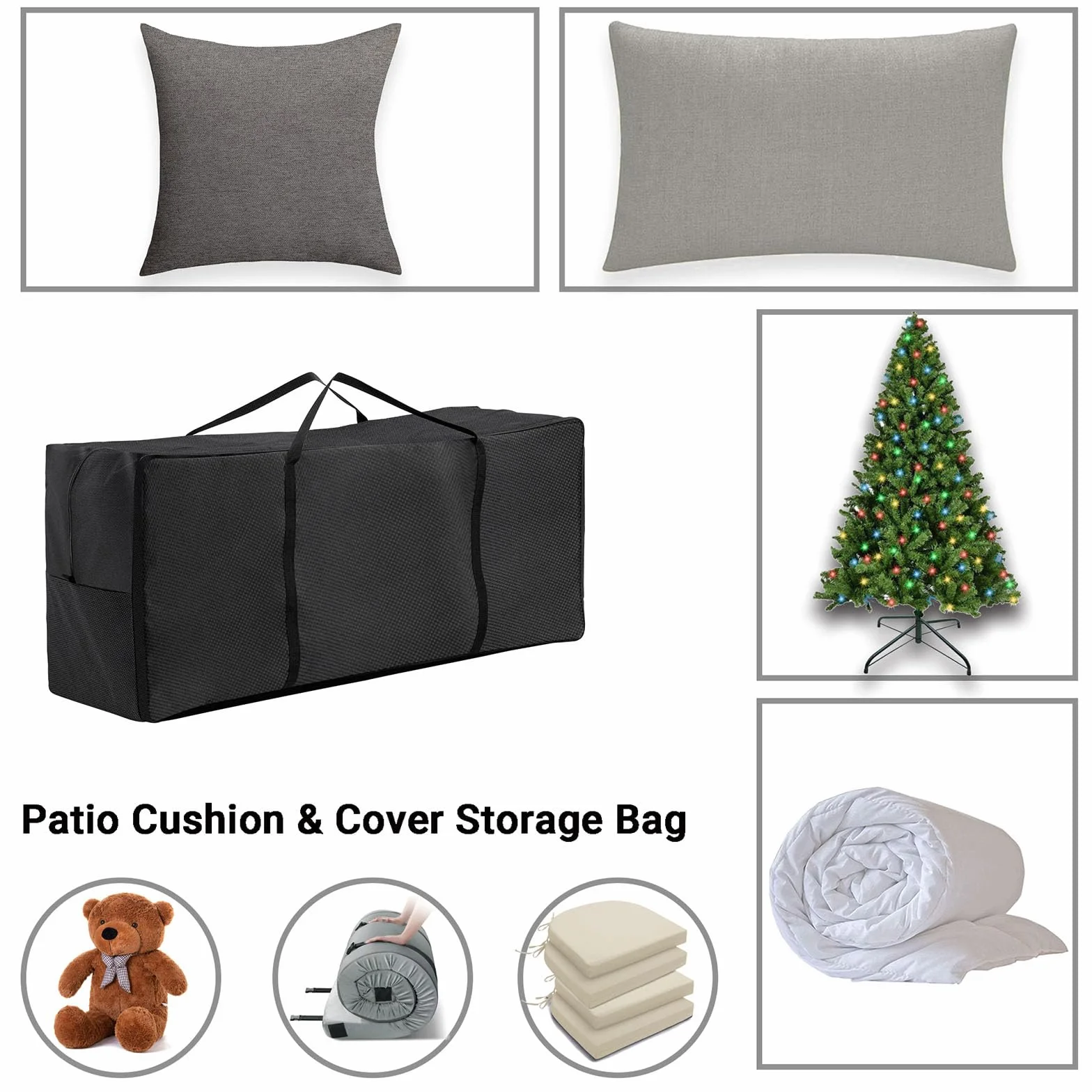 TurtleLife Sac de rangement pour coussins de jardin avec poignée de transport noir 116 x 35 x 51 cm