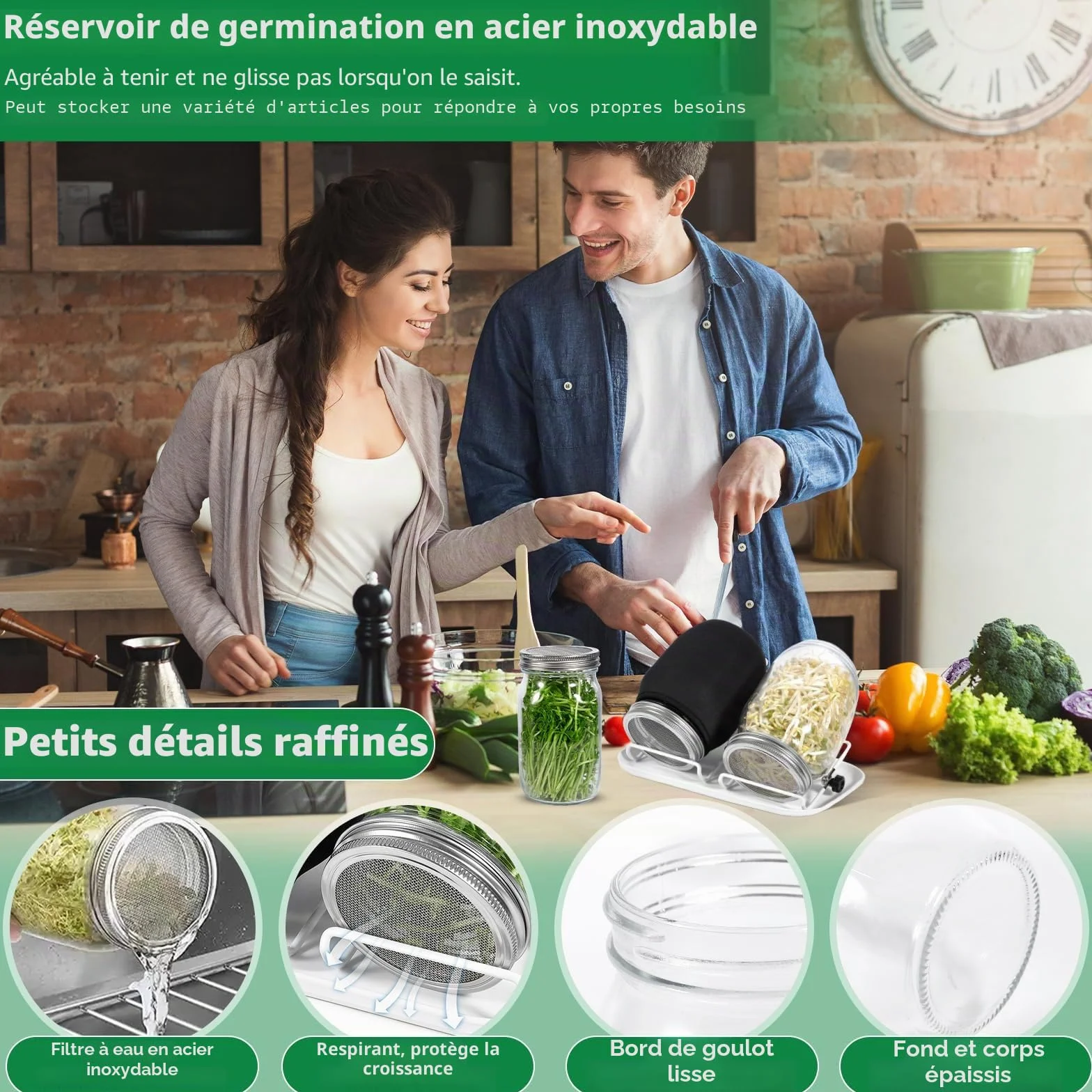 Bocal de Germination 2 x 1000ml Germoir en Verre avec Couvercle Inox et Support