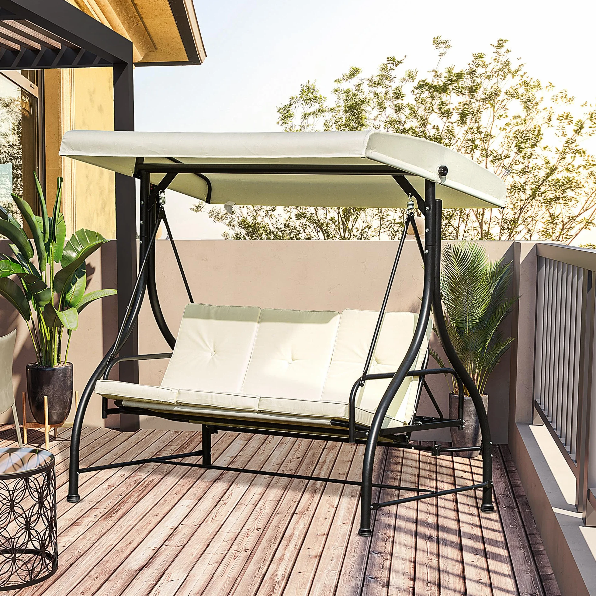 Outsunny Balancelle de Jardin 3 Places Convertible Toit réglable Matelas 8 cm 1,95L x 1,17l x 1,75H m métal époxy Noir crème