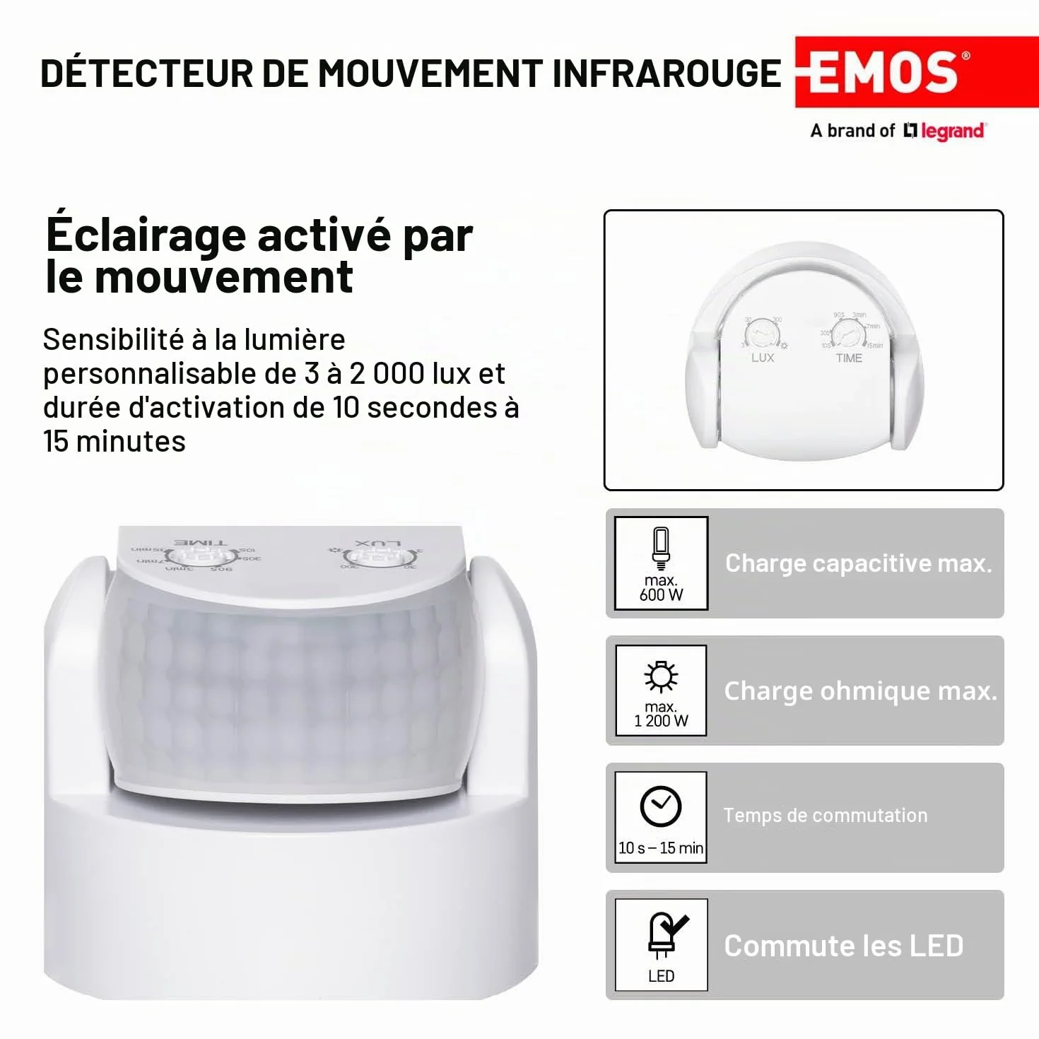 EMOS - Détecteur de mouvement infrarouge étanche - Portée 12 m - Sensibilité 3-2000 Lux - Angle de détection 180° - Durée de commutation 10 Sek à 15 Min - 230 V pour montage en surface