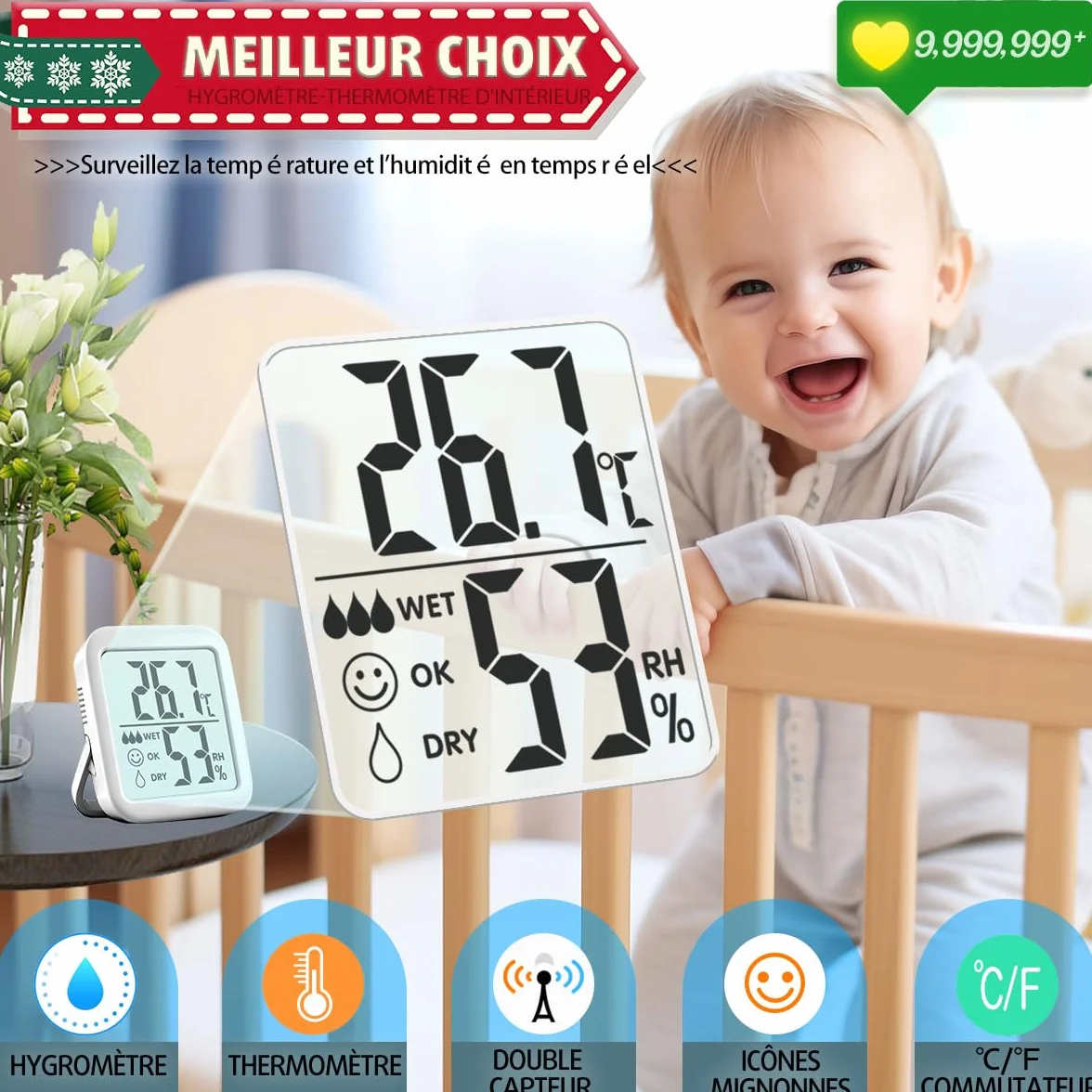 Antonki 2 Pièces Hygromètre Intérieur Thermomètre Moniteur Température Humidité pour Maison Chambre Bureau Couveuse Plantes Reptiles Batterie Incluse