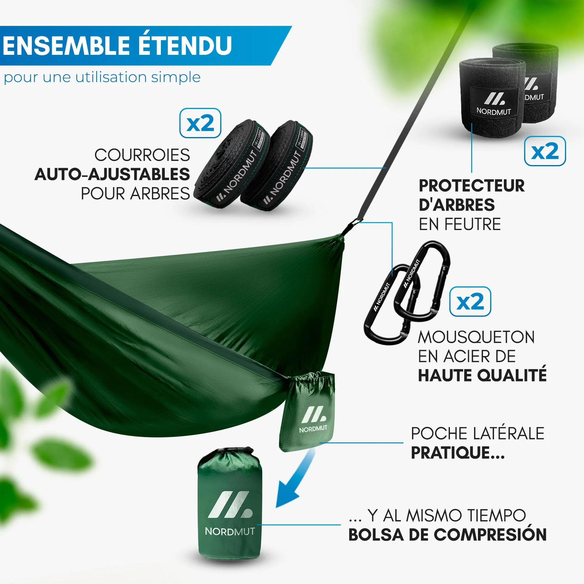 NORDMUT Hamac Ultra Léger Outdoor avec Kit de Fixation – Hamac de Camping avec Protection des Arbres 300 kg Vert 140 x 275 cm