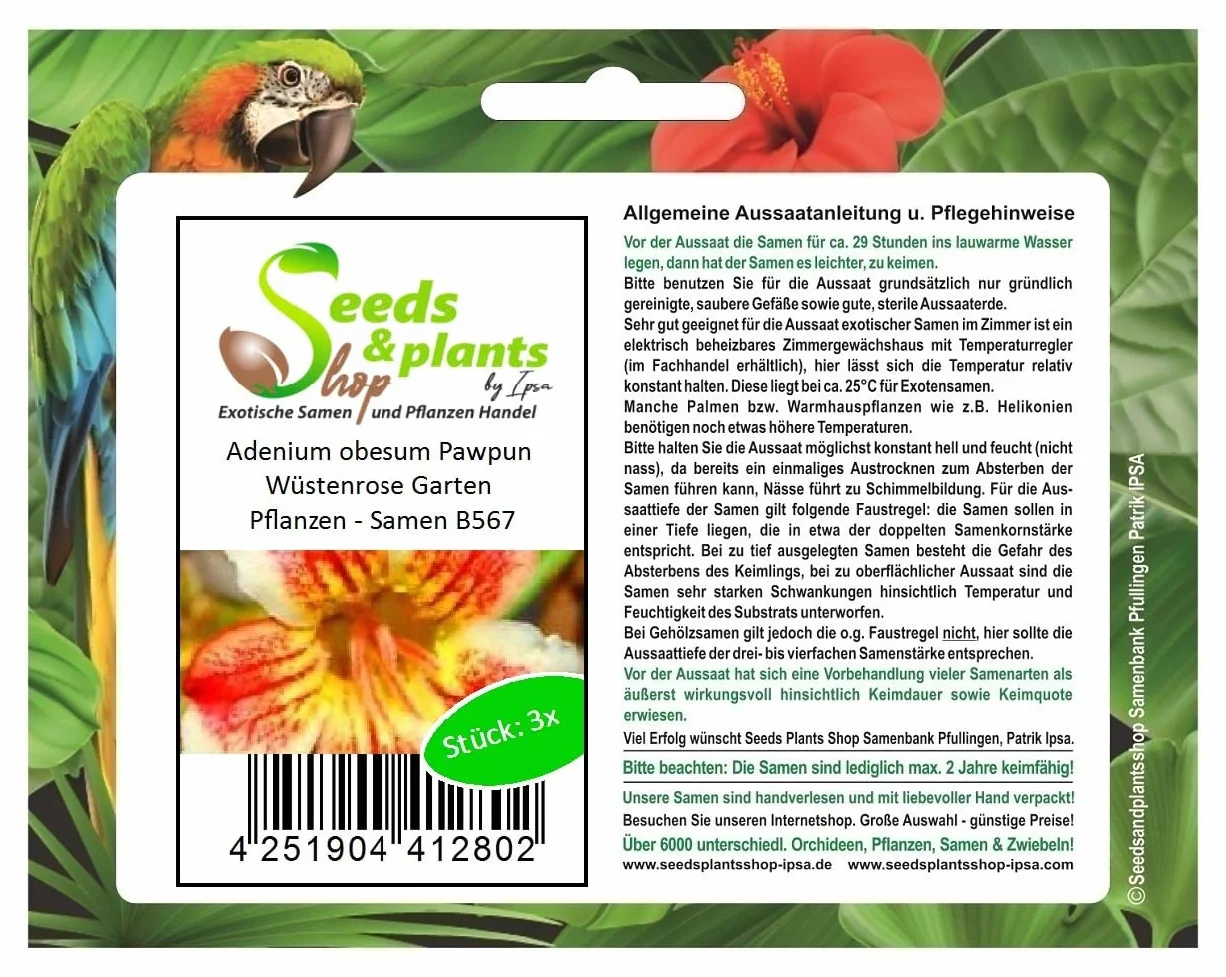 Adenium Obesum Pawpun Rose Du Désert Graines 3x