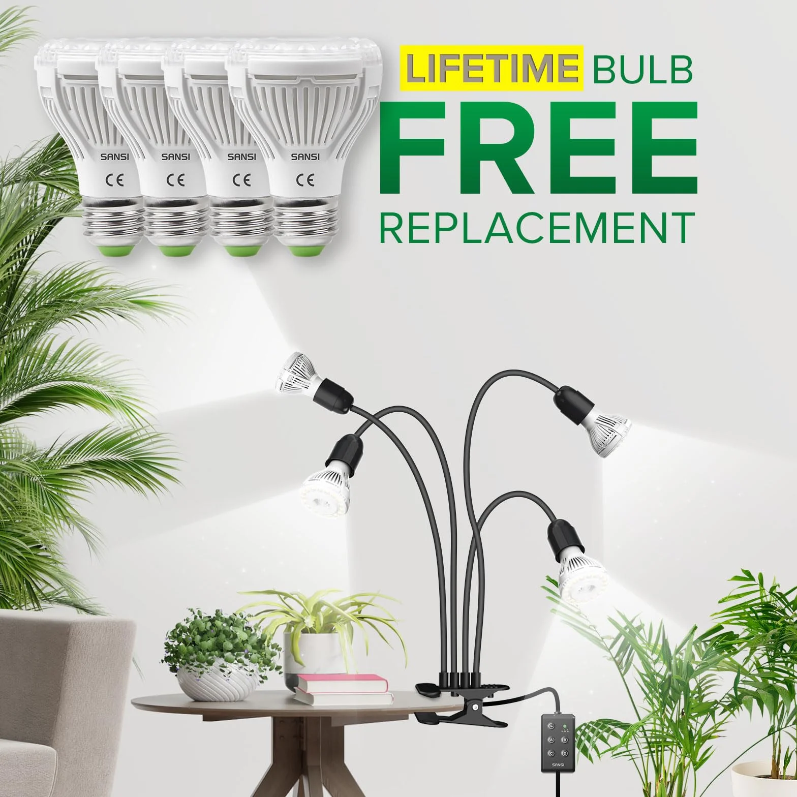 SANSI Lampe Horticole LED 600W Équivalent, 4 Ampoules E27, Minuterie 4/8/12H, Culture Plantes Intérieures