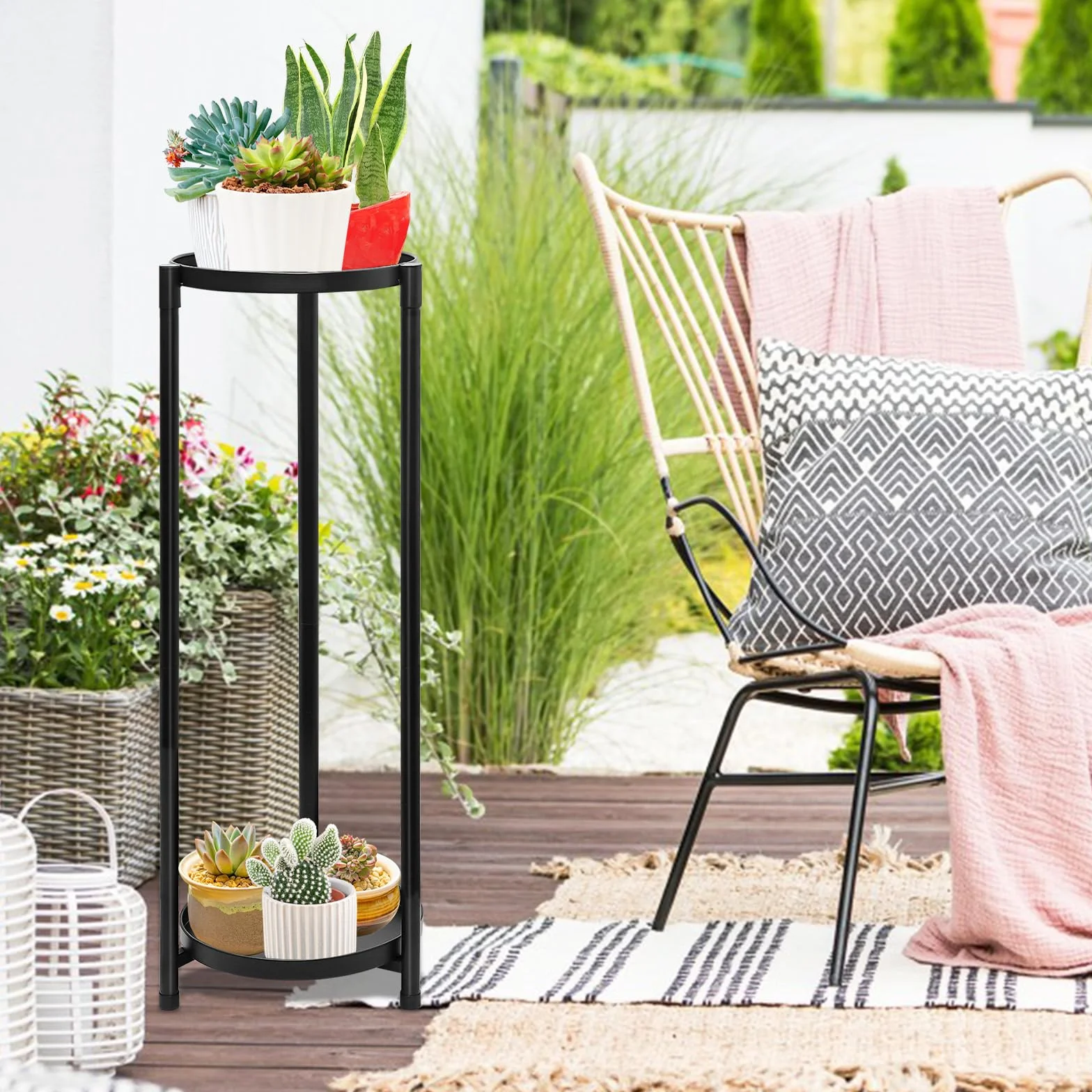 Porte plante interieur étagère 2 niveaux métal, Support pot fleurs maison balcon jardin