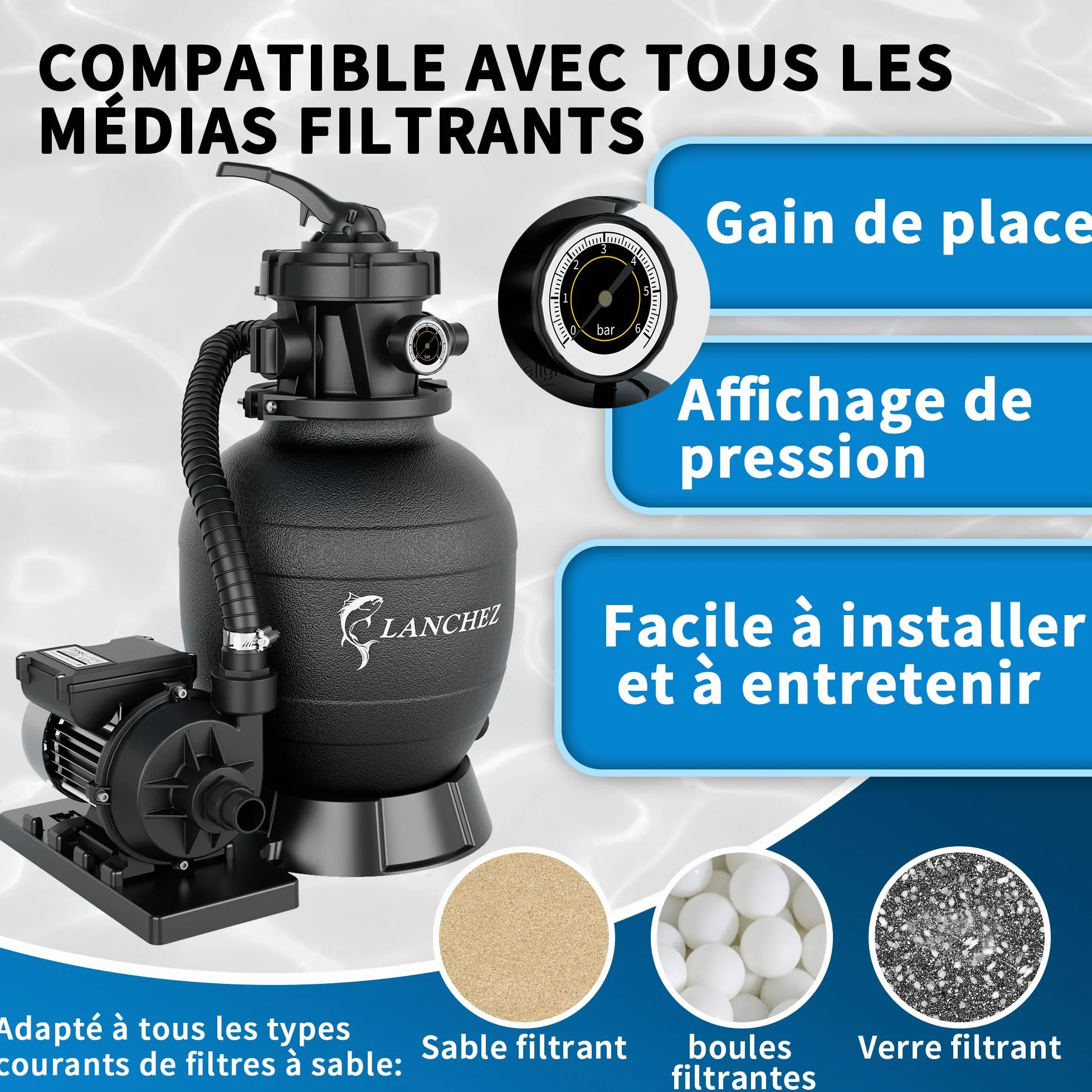 LANCHEZ Filtre Piscine à Sable 9 m³/h Pompe 250 W Vanne 7 Voies Manomètre Adaptateurs Ø32/38 mm Billes Filtrantes