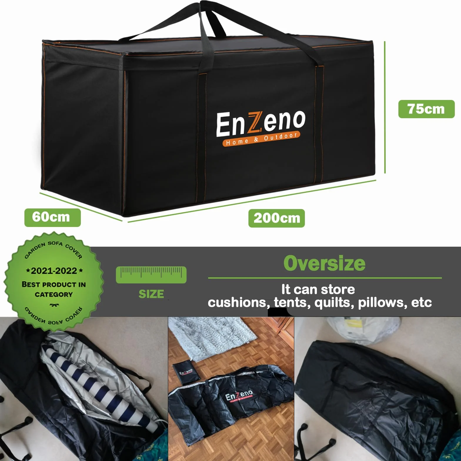 Enzeno Sac de rangement coussins meubles jardin tissu Oxford 420D anti-UV poignée transport fermeture éclair