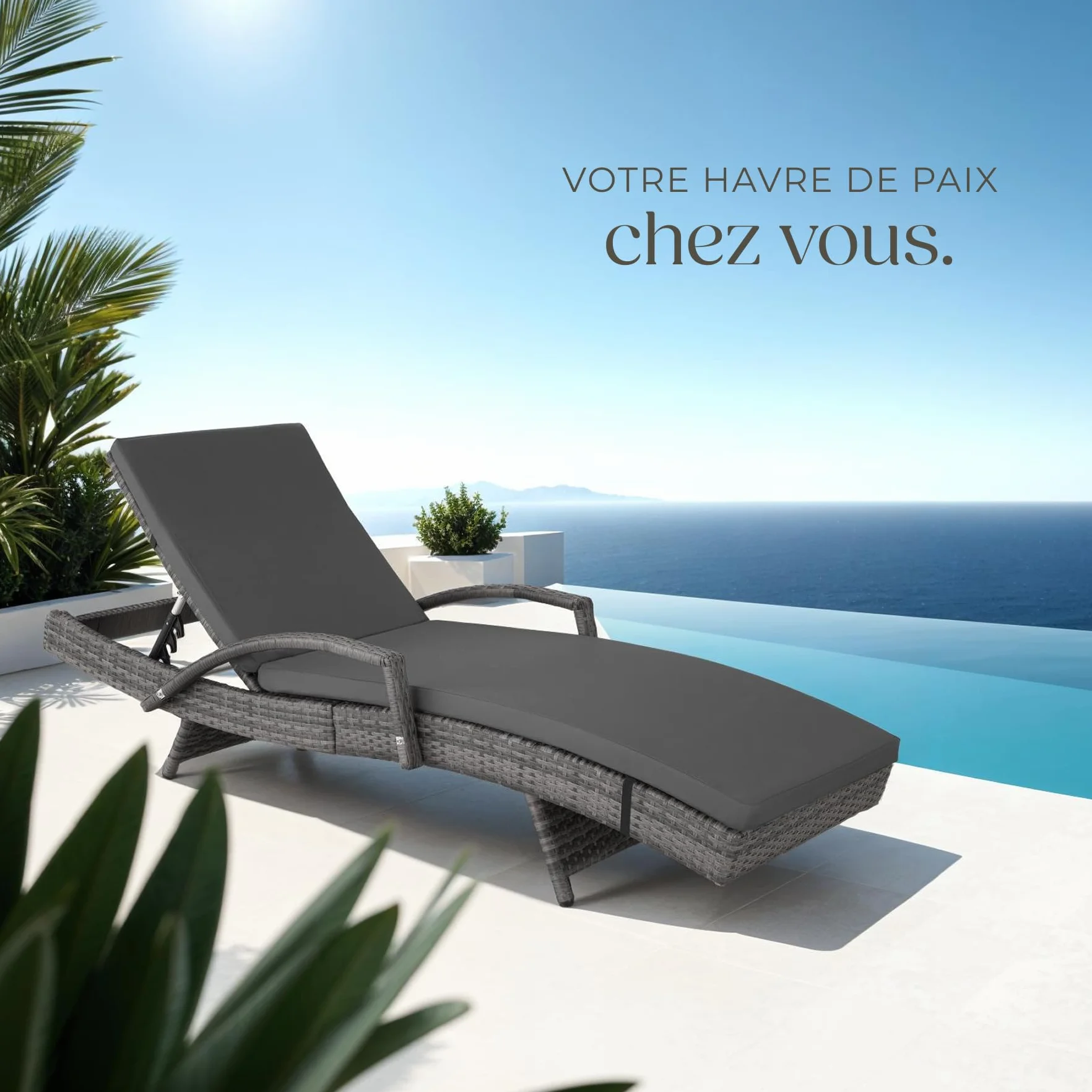 Tectake Chaise Longue Bain de Soleil Résine Tressée Aluminium Dossier Inclinable 5 Positions Transat Jardin Exterieur