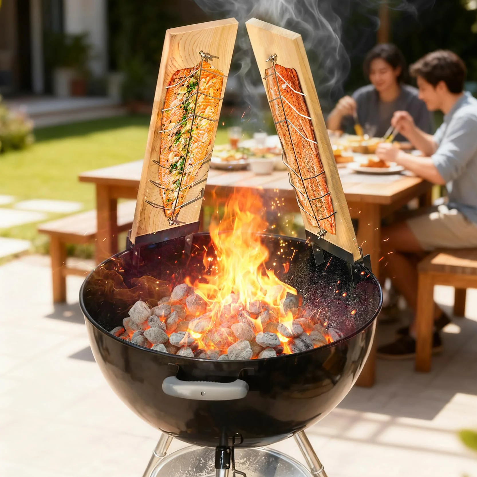 onlyfire Planche à Griller Saumon en Bois avec Support Réglable Acier Inoxydable pour Barbecue Extérieur, Double Face