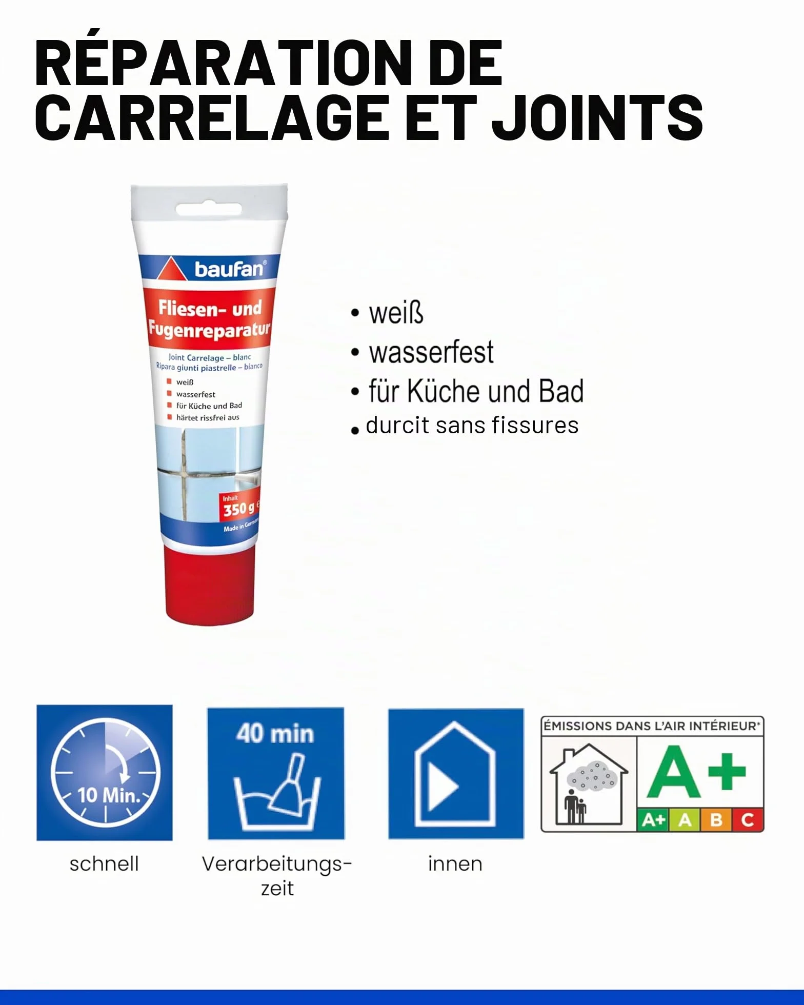 Baufan Réparation des Joints de Carrelage - Blanc I Coulis Étanche pour Carreaux Muraux Cuisine & Salle de Bain I Durcit Sans Fissure I Intérieur