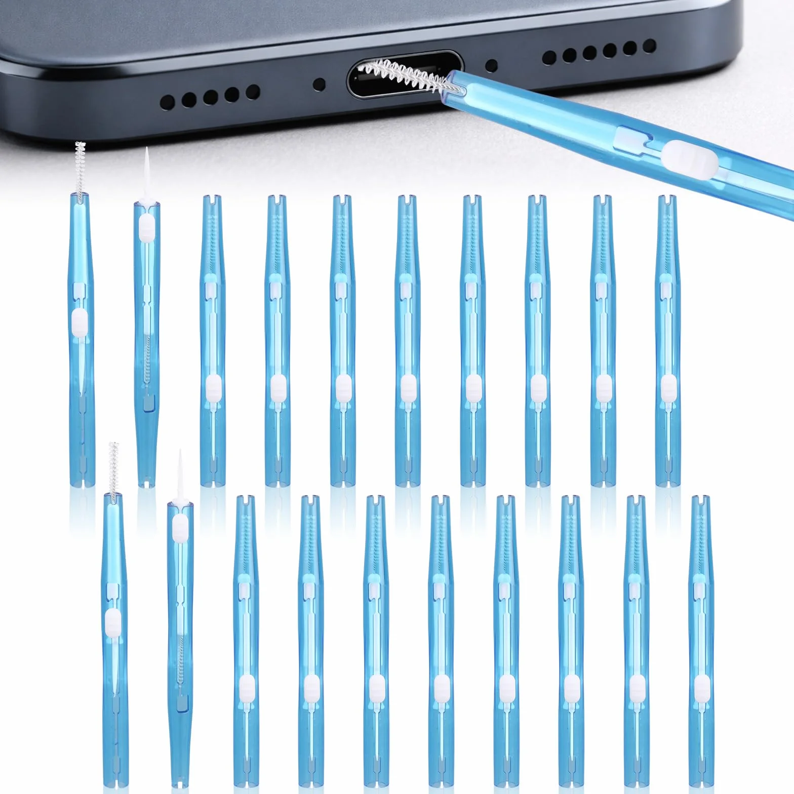 20pcs Kit de Nettoyage pour Téléphone, Nettoyeur Port de Charge avec Brosses Anti-Obstruction et Crochet Nettoyeur Port USB-C pour Téléphone Portable Écouteurs Haut-Parleurs (Bleu)