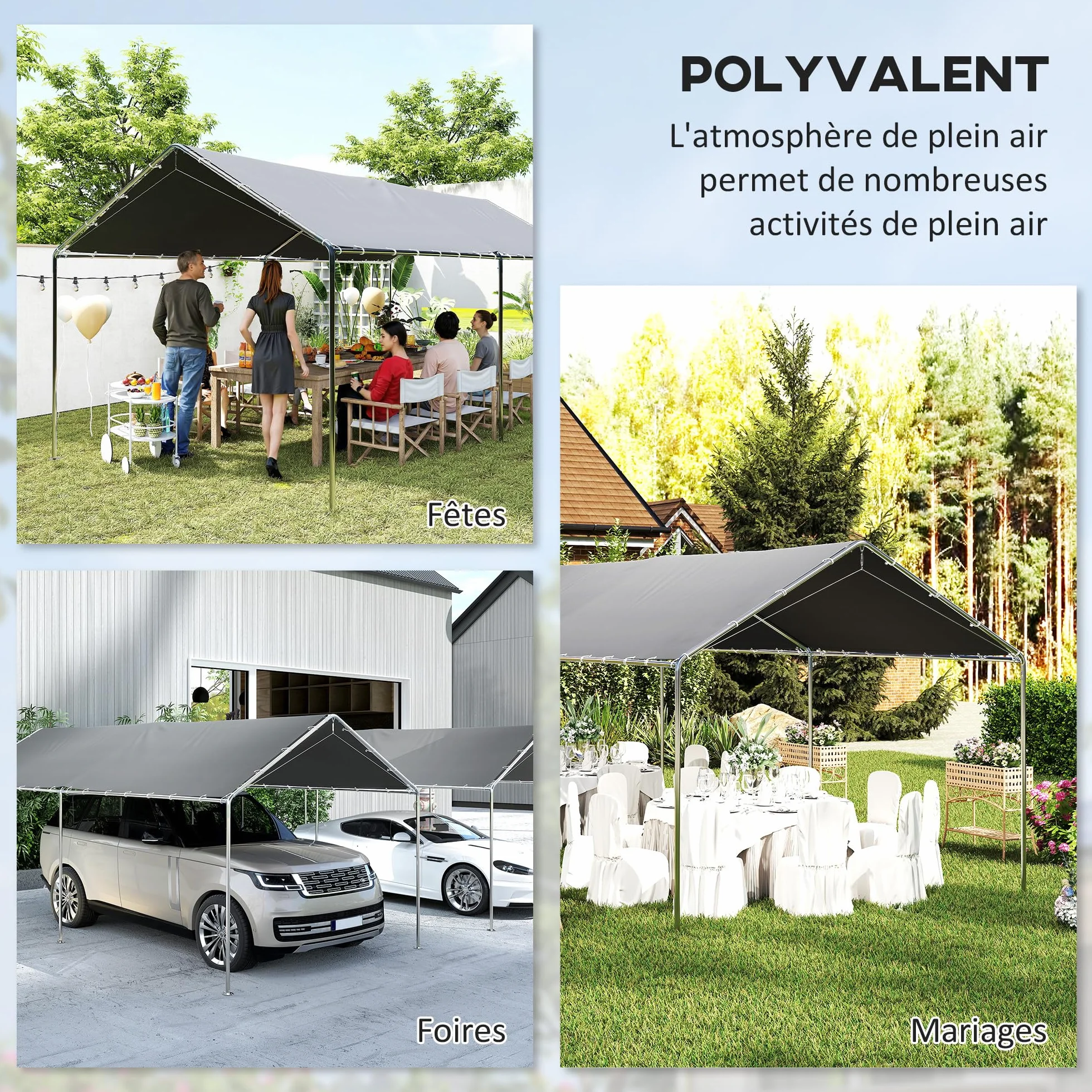 Outsunny Carport 6x3 m Acier galvanisé Toit PE Gris