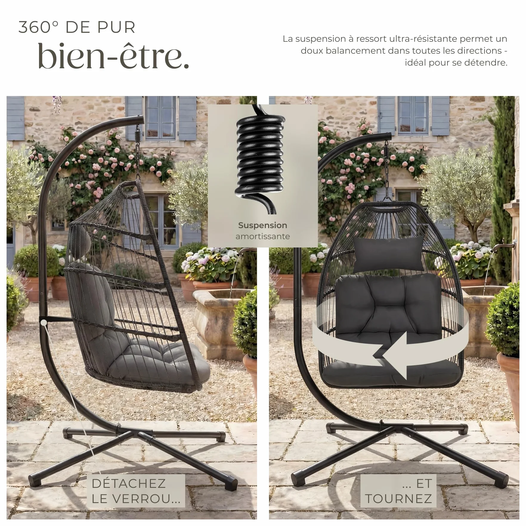 Tectake Fauteuil Oeuf Suspendu Chaise Hamac Balancoire Cocooning avec Structure en Acier et Coussin Épais