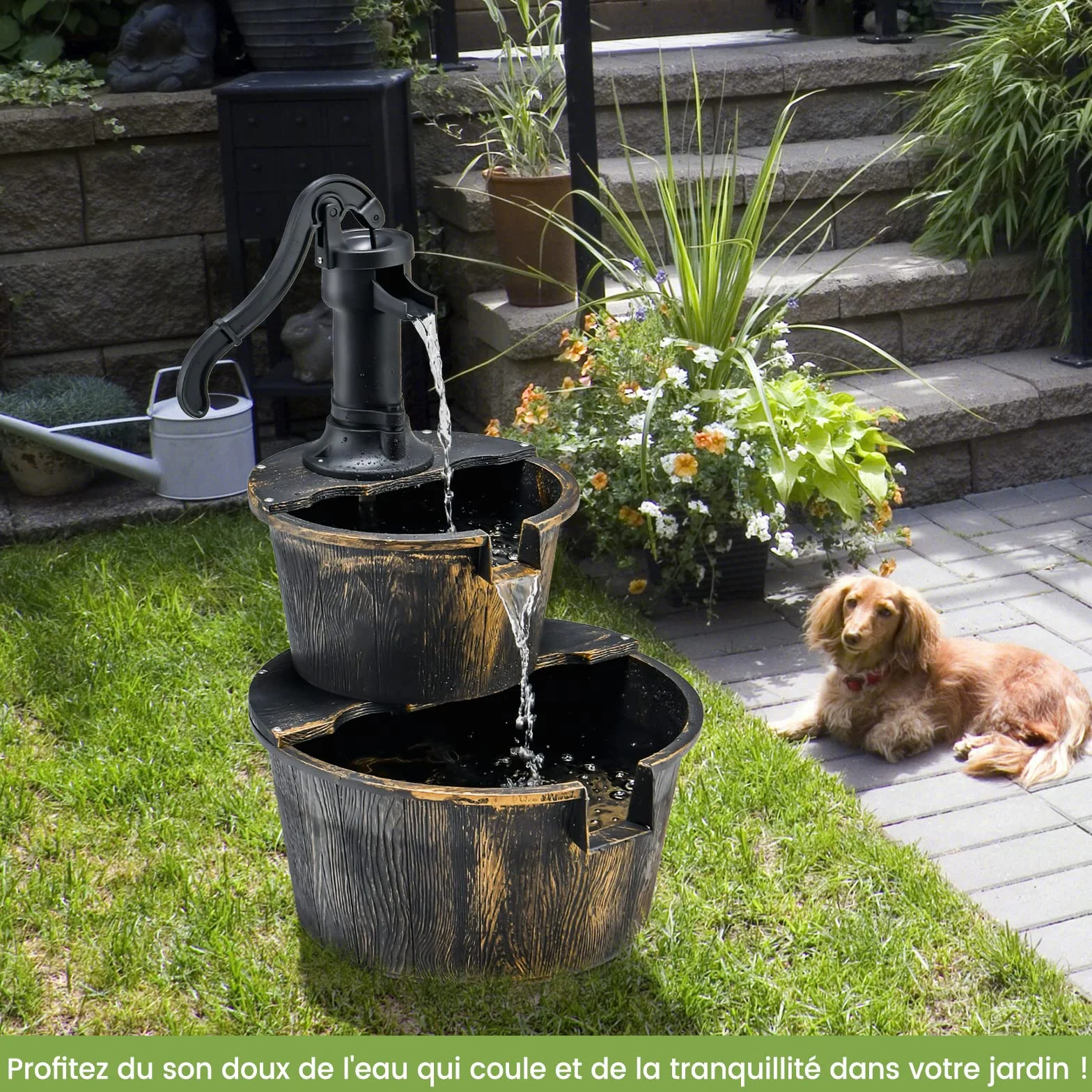 COSTWAY Fontaine Cascade Extérieure 2 Étages Pompe Réglable 68 cm PP Bronze Jardin
