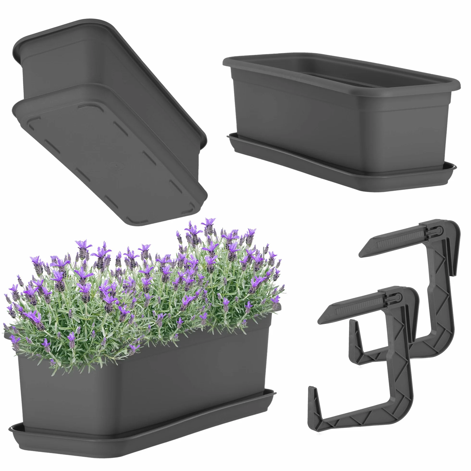 KADAX Jardinière 40 cm avec sous-plateau, Anthracite – Pot de fleurs en plastique pour balcon intérieur extérieur