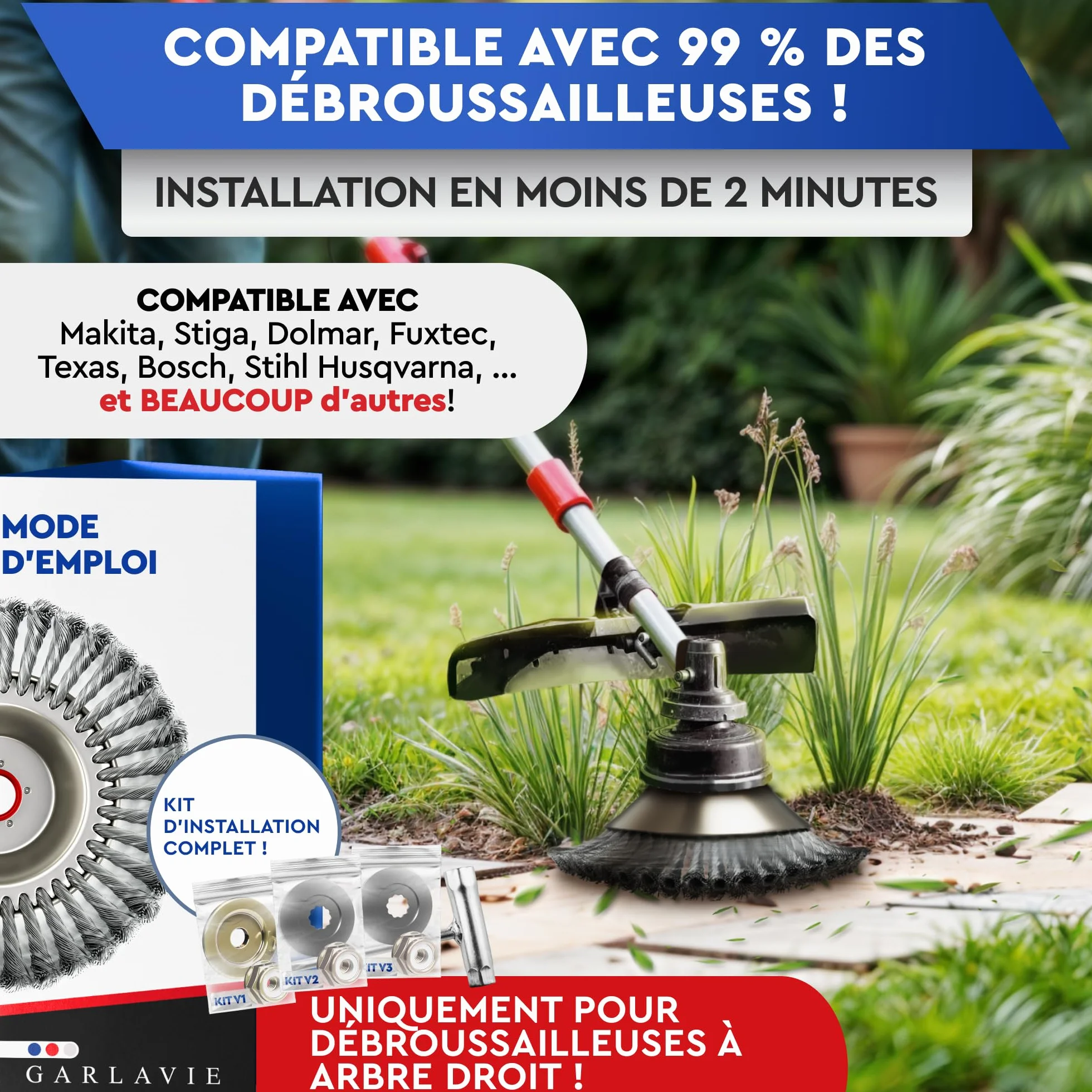 Tête de débroussailleuse universelle alésage 25,4 mm brosse métallique disque pour mauvaises herbes