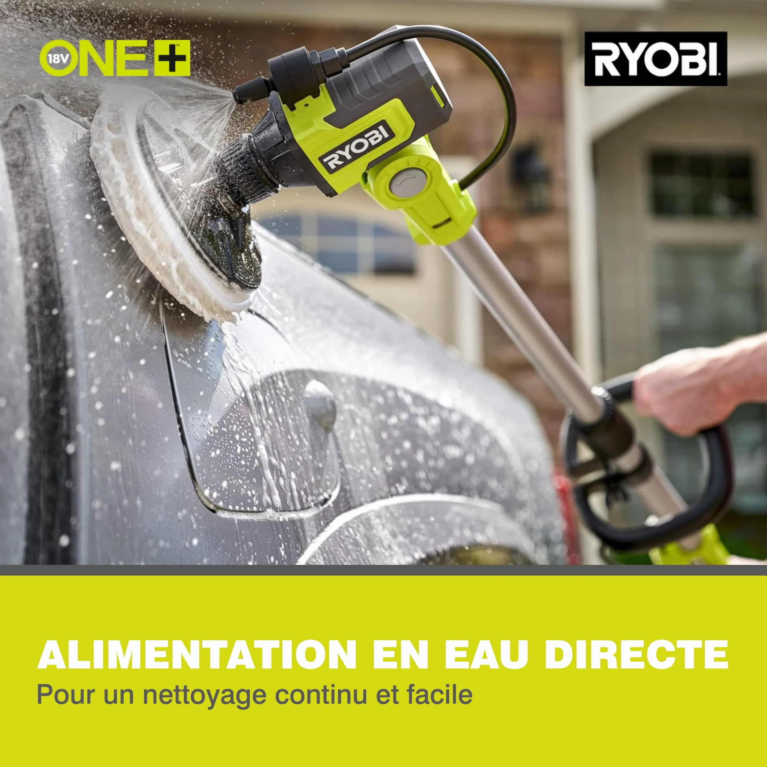 RYOBI - Brosse Rotative télescopique sans Fil 18V One+ RWTS18-0 – Brosse Plate Large, Poignée GripZone, Nettoyage Sols Extérieurs, Murs, Meubles, Hauteur 1,4m – Batterie Non Incluse