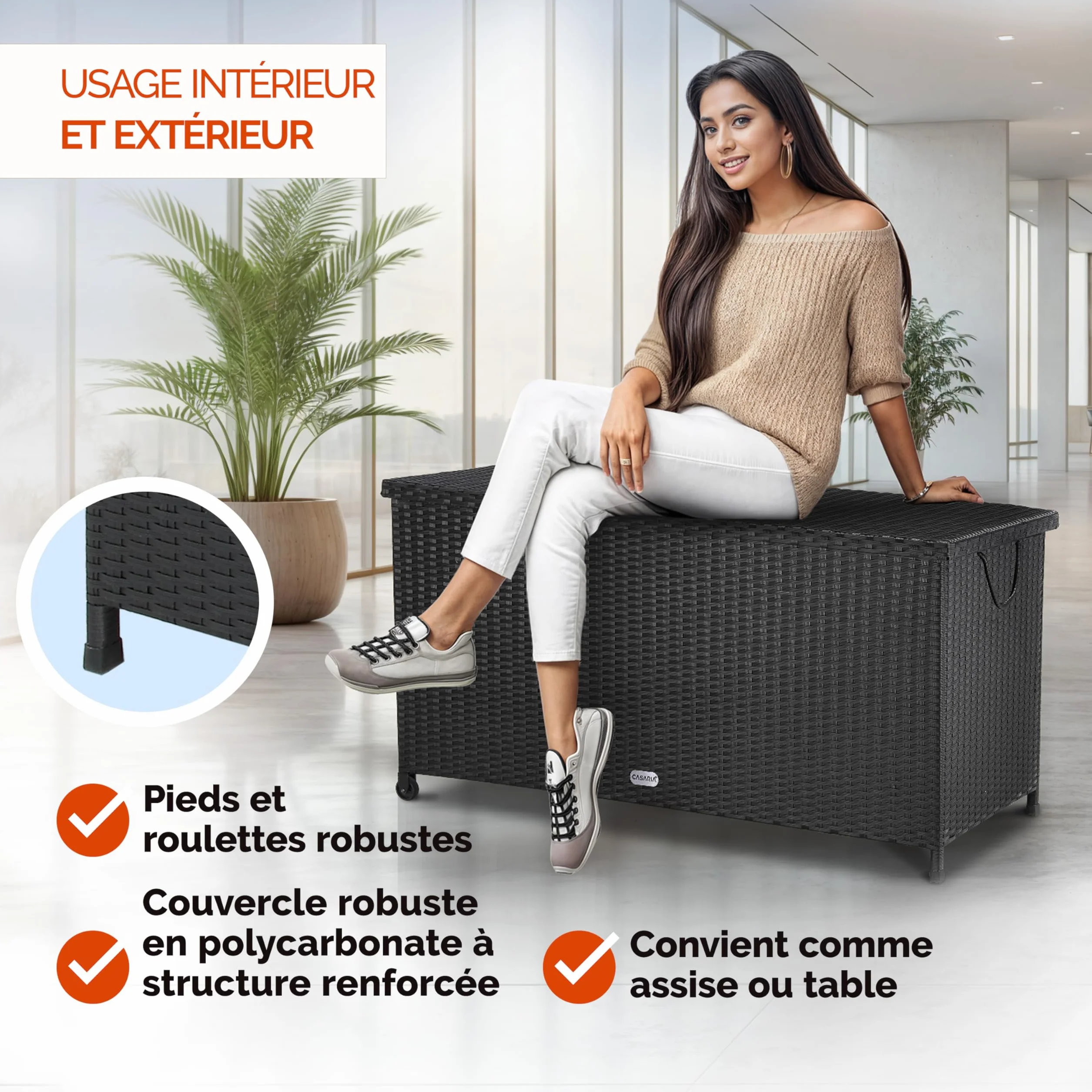 Casaria Coffre de jardin XXL Noir 270 L Polyrotin étanche Vérin à gaz 117x53x60 cm