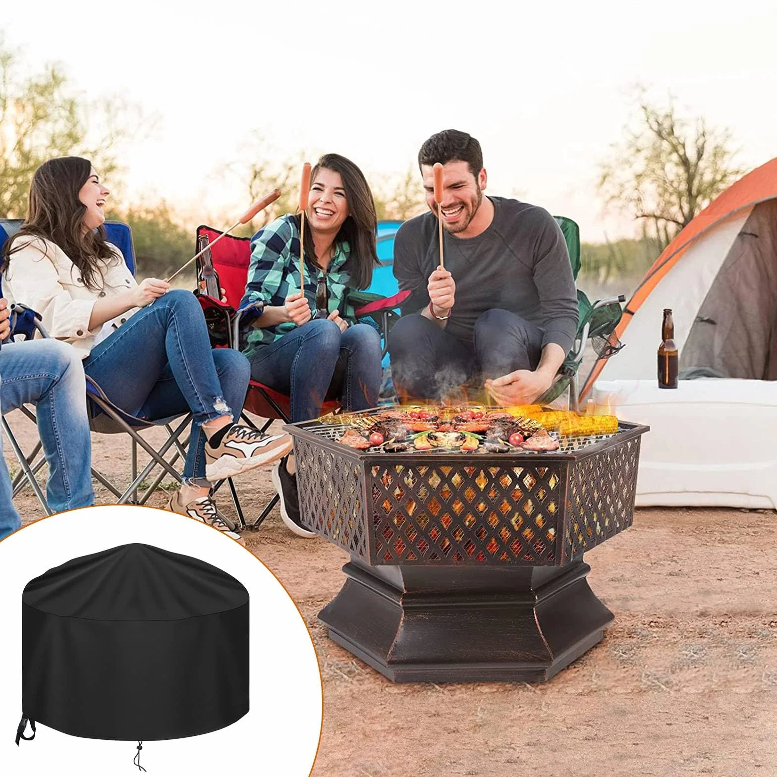 Housse de Protection pour Braséro Rond 90 x 60cm, 500D Oxford, Imperméable, Noir