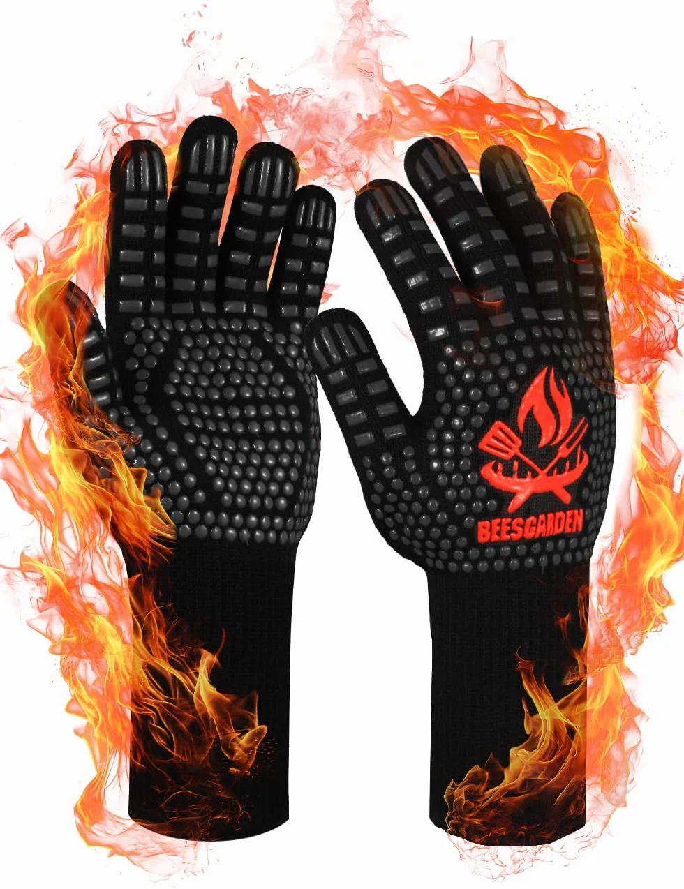 Gants de Barbecue Anti Chaleur 800°C Silicone Ignifuge Antidérapants avec Protection de l'avant-Bras Noir