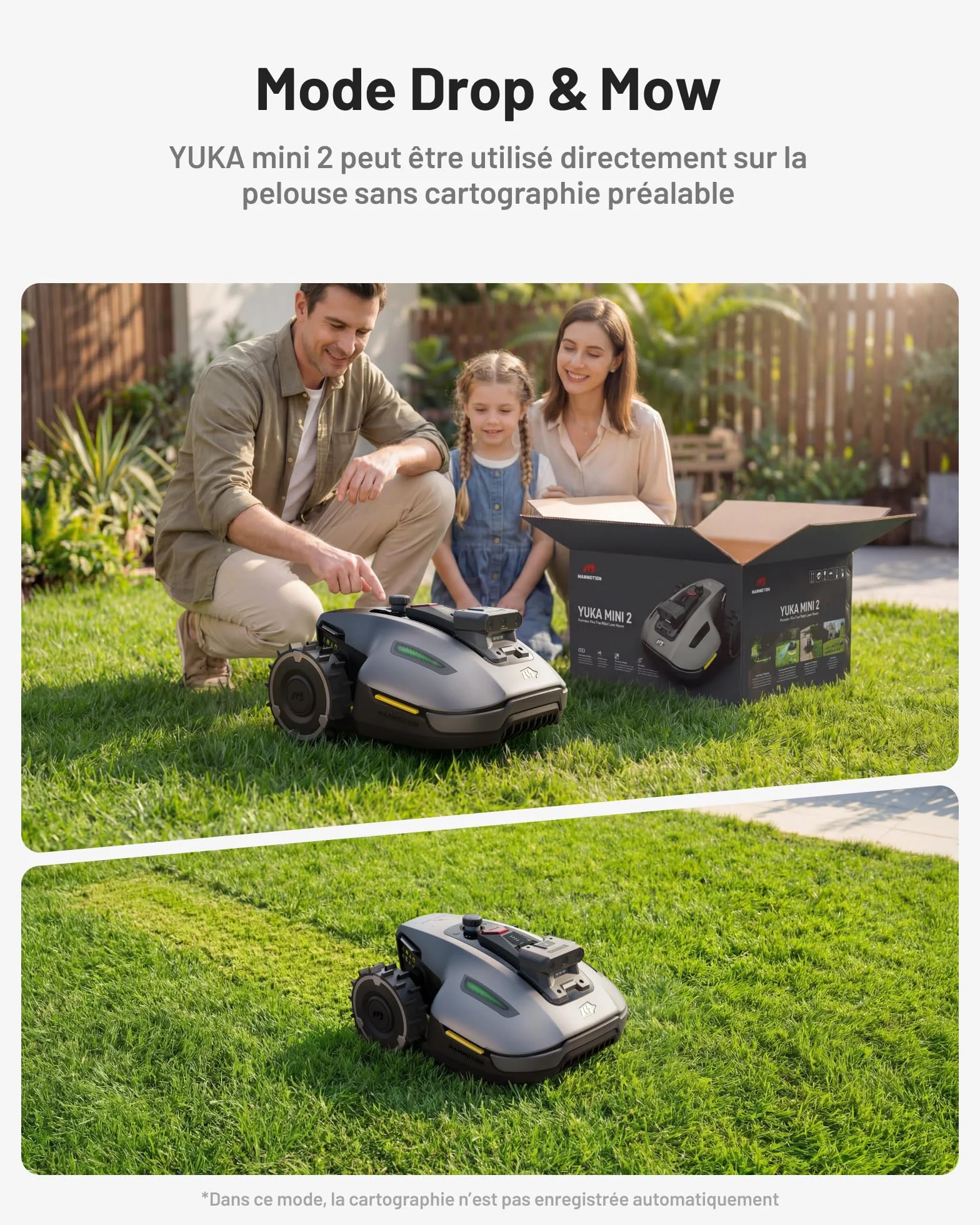 MAMMOTION YUKA Mini 2 500 Robot Tondeuse, 3 Jeux Lames, 500m², Zéro Perte Signal, AI Trois Caméras