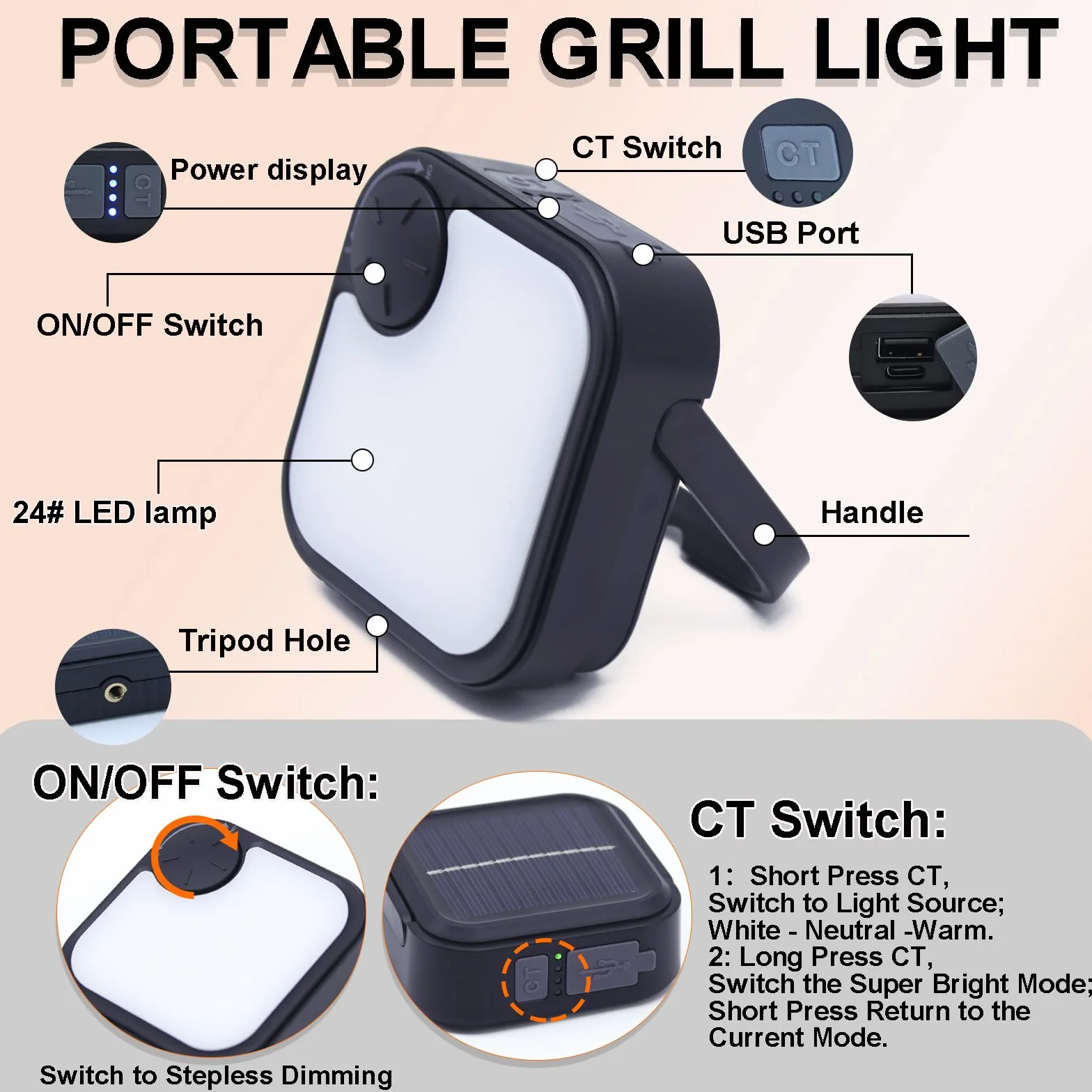 Lampes pour barbecue d'extérieur rechargeables magnétiques ultra-lumineuses noir