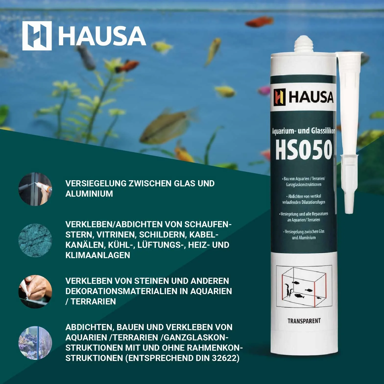 HAUSA Aquarium Silicone Verre Silicone HS050 Colle et mastic silicone professionnels pour aquariums terrariums et constructions en verre Résistant à l'eau douce et à l'eau de mer 310ml transparente