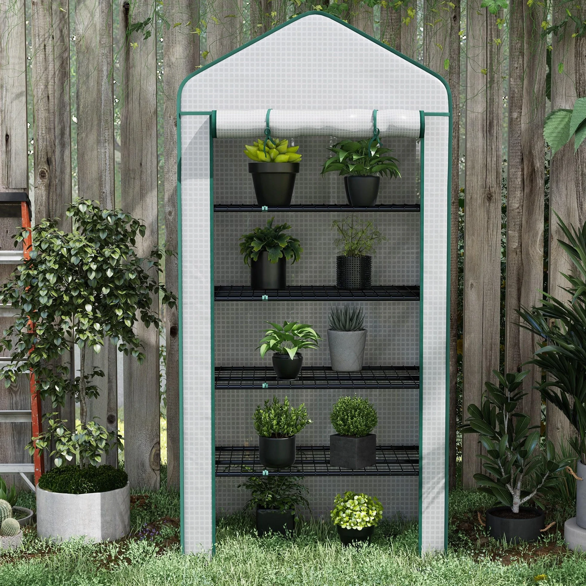 Outsunny Serre de Jardin 5 Niveaux, Balcon, Acier, Porte zippée Enroulable, 90x49x193cm, Blanc
