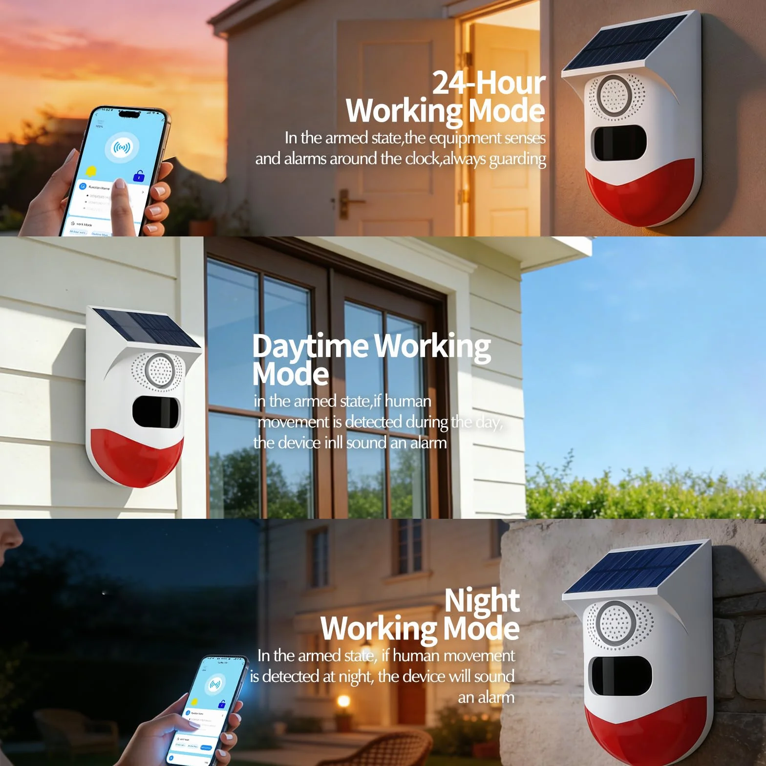 WiFi Detecteur de Mouvement, Sirene Alarme Extérieur/Intérieur Alimentation Solaire Prise en Charge, Volume 0~120dB, Contrôle à Distance, Réglage Horaire, avec Télécommande