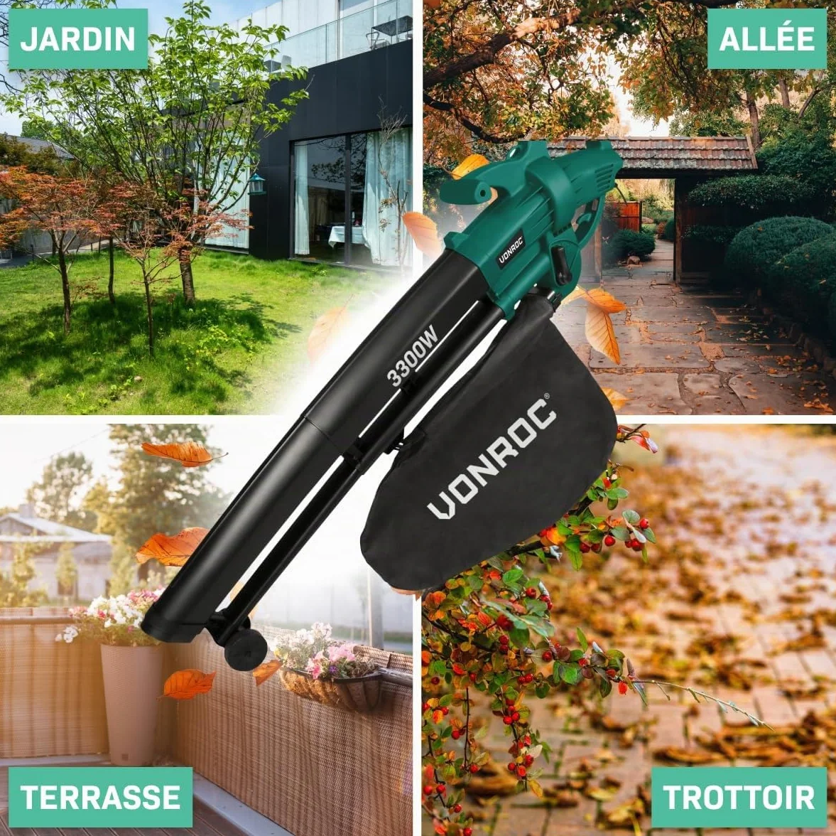VONROC Souffleur de Feuilles 3-en-1 3300W Aspirateur Souffleur 270km/h 40L