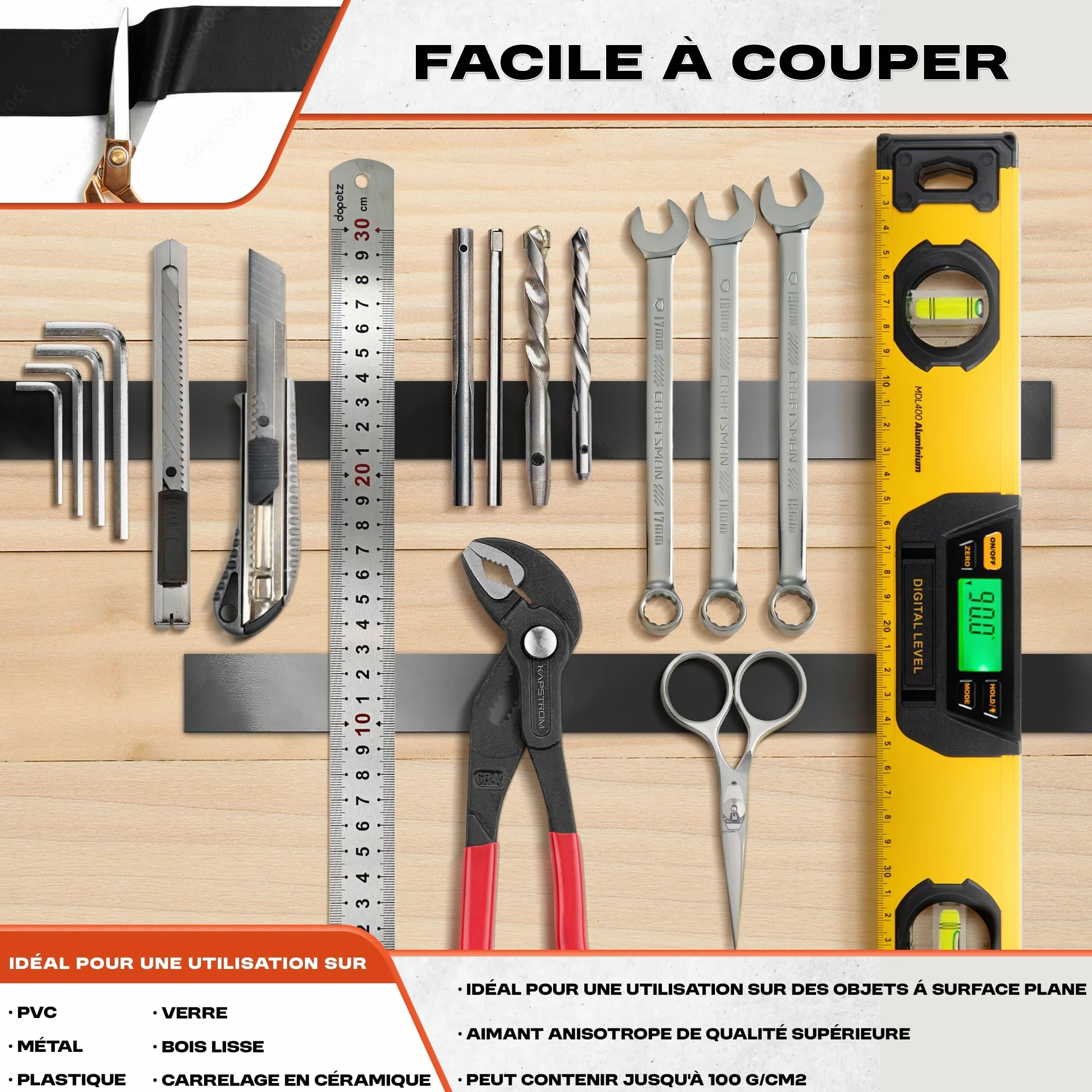 Rouleau de ruban magnétique KapStrom (3 mètres / 120" de long et 3 cm / 1,2" de large), bandes magnétiques de qualité supérieure avec support auto-adhésif solide 3M, facile à couper à la taille