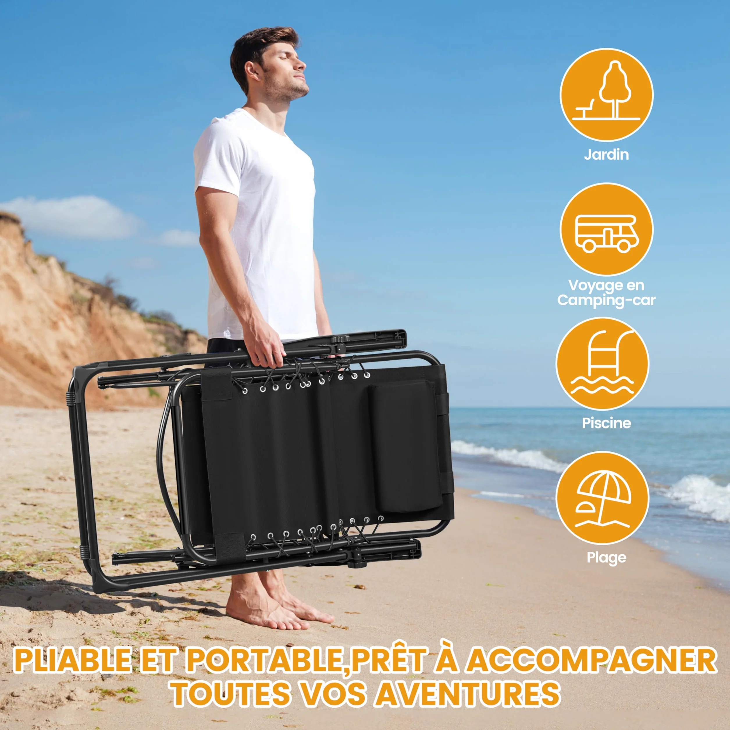 Transat en Textilène avec Plateau Amovible, Lot de 2 Chaise Longue Pliante Zéro Gravité Inclinable, Fauteuil Relax pour Bain de Soleil, Charge 114kg Noir