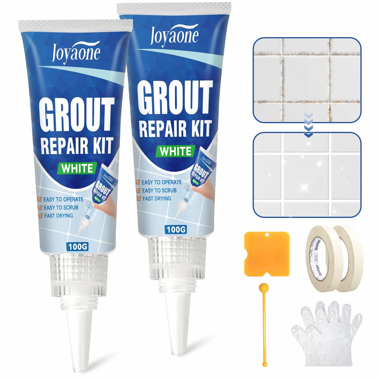 Kit de réparation de carrelage blanc à séchage rapide pour joints de salle de bain, douche, sols et murs (Blanc 100 g x 2)