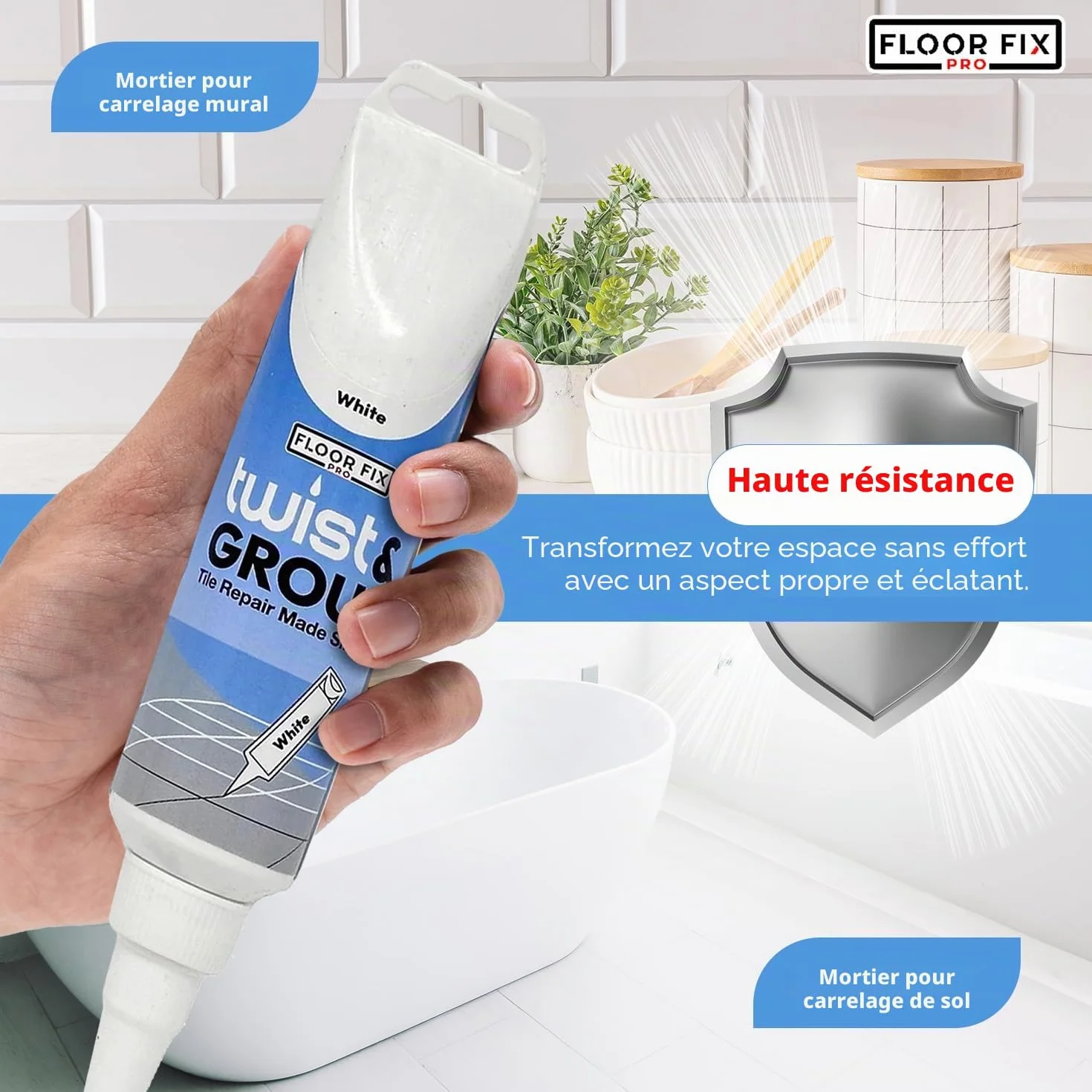 Twist & Grout de Floor-Fix Pro - Joint Carrelage. Réparation Rapide pour Salle de Bain/Douche/Cuisine - Kit de Restauration Prémélangé, Durable et Imperméable (Blanc)
