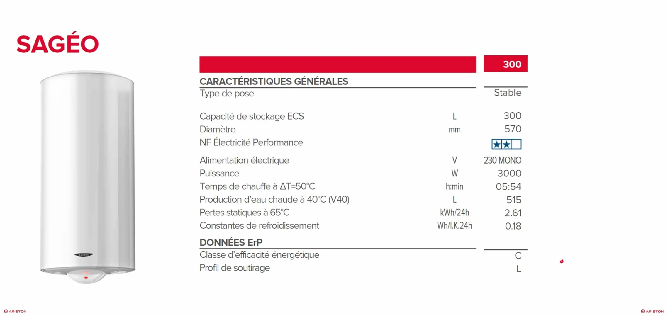 Ariston SAGEO 300 L Chauffe-eau Électrique au Sol 300L Résistance Steatite NF Performance 2
